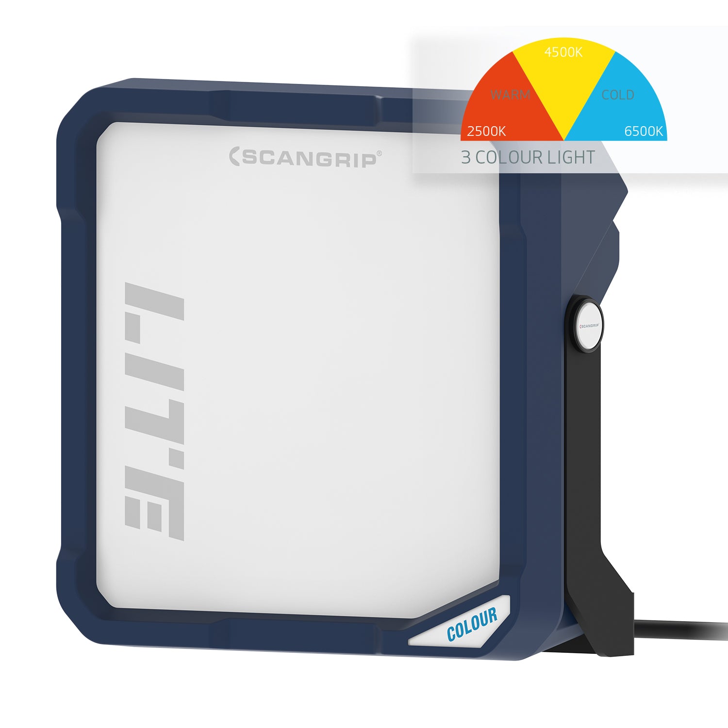 Luce LED SCANGRIP Vega Lite Colour, vista angolare, con design robusto e portatile, ideale per un'illuminazione intensa e uniforme durante il detailing auto. con scala di luminosita
