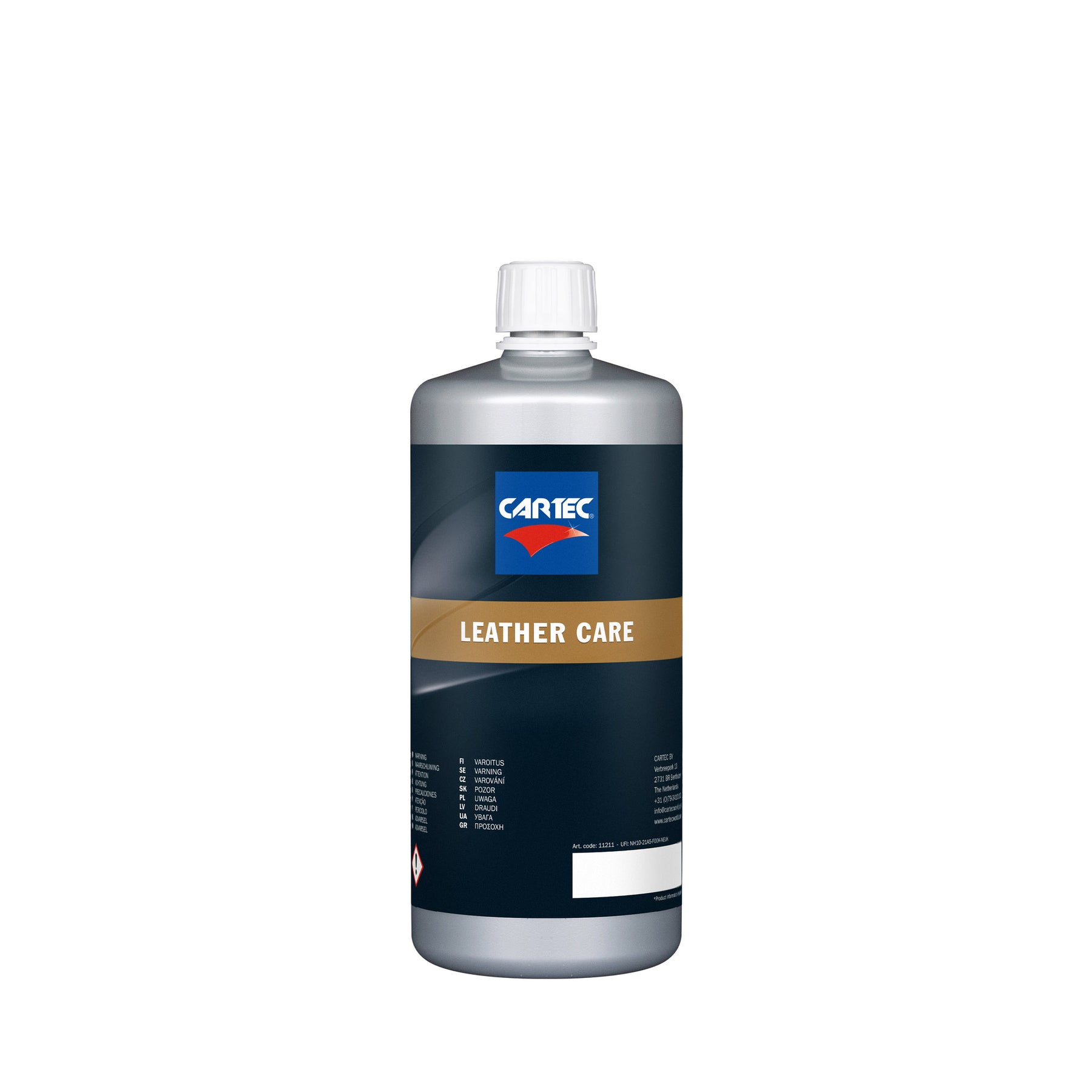 Bottiglia di detergente e protettivo per interni in pelle CARTEC Leather Care 2.0 su sfondo bianco.