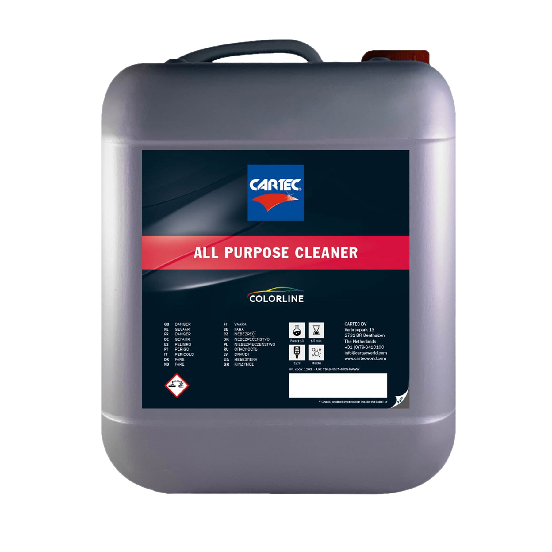Tanica da 25 litri di CARTEC All Purpose Cleaner – detergente multiuso della linea Colorline, ideale per una pulizia completa ed efficace di tutte le superfici dell'auto.
