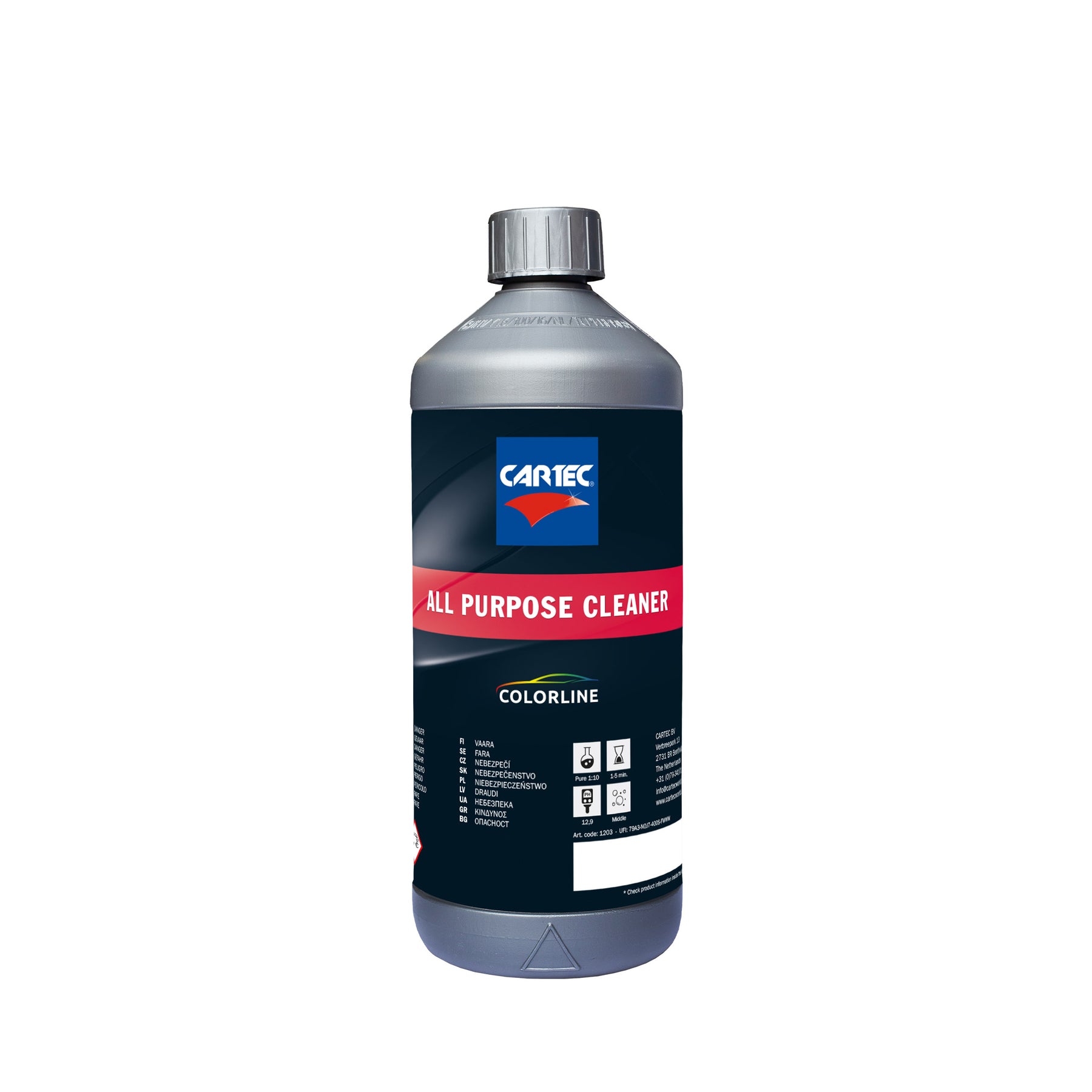 Flacone da 1 litro di CARTEC All Purpose Cleaner – detergente multiuso della linea Colorline, efficace per la pulizia di tutte le superfici dell'auto.