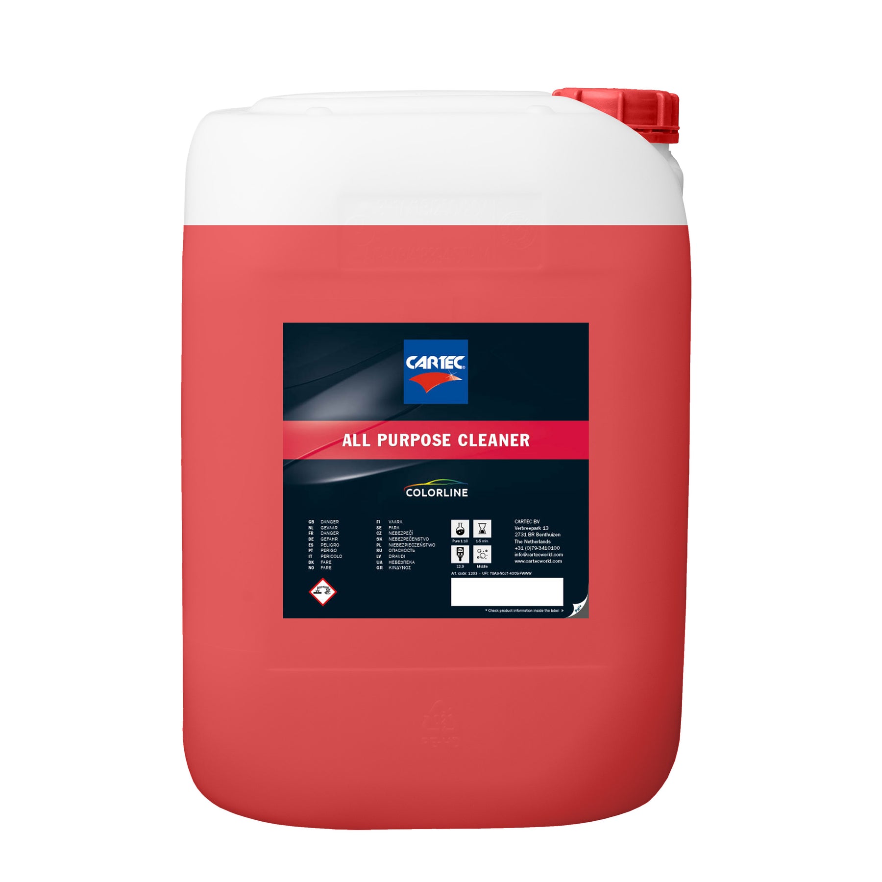 Tanica da 25 litri di CARTEC All Purpose Cleaner – detergente multiuso della linea Colorline, ideale per una pulizia versatile e completa di tutte le superfici dell'auto.