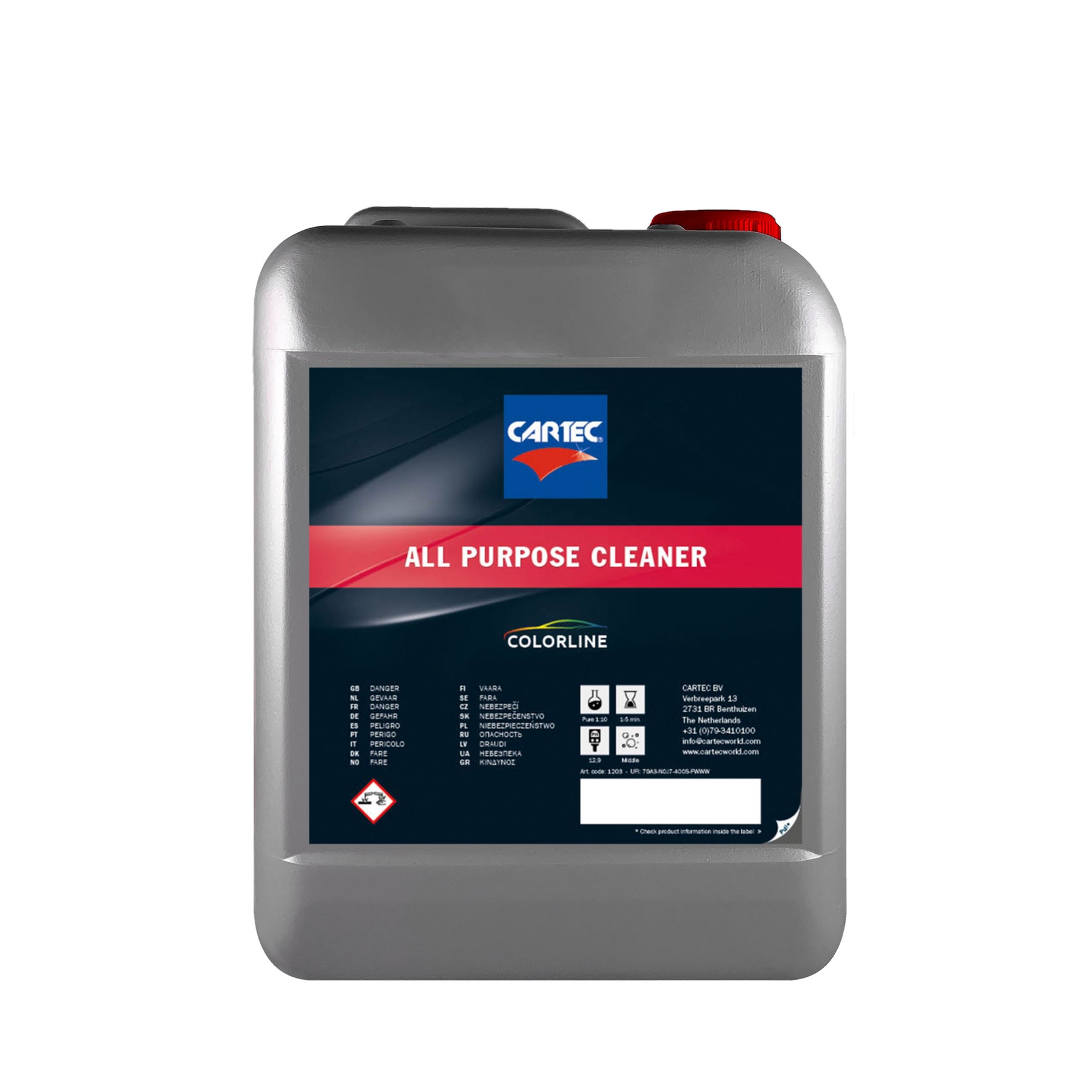 Tanica da 5 litri di CARTEC All Purpose Cleaner – detergente multiuso della linea Colorline, ideale per una pulizia efficace di tutte le superfici dell'auto.