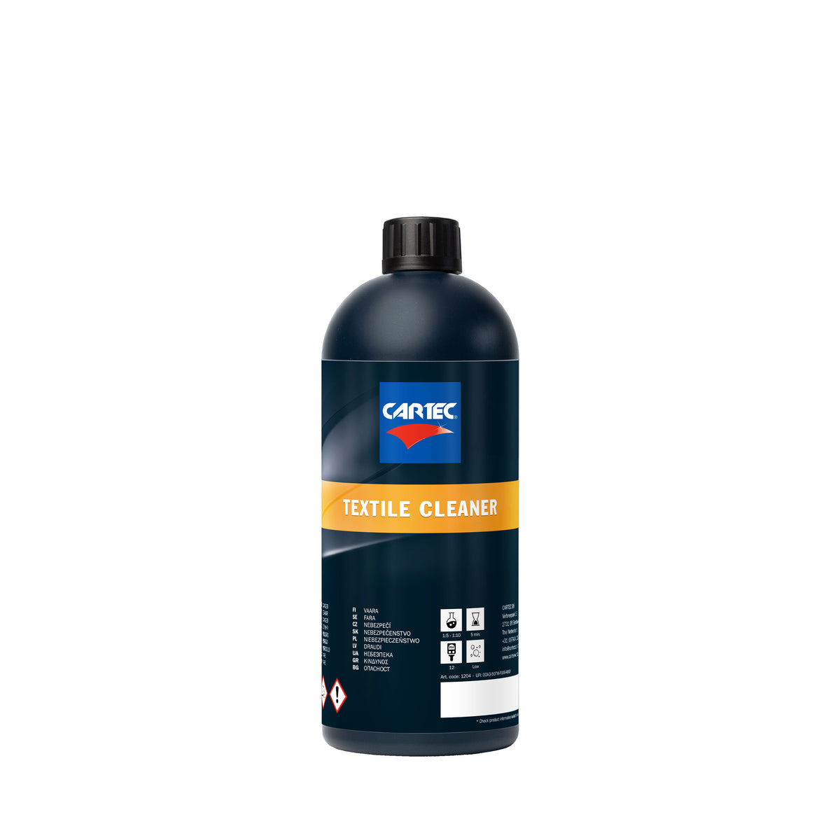 Bottiglia di CARTEC Textile Cleaner per la pulizia dei tessuti dell'auto, con etichetta arancione e tappo nero.