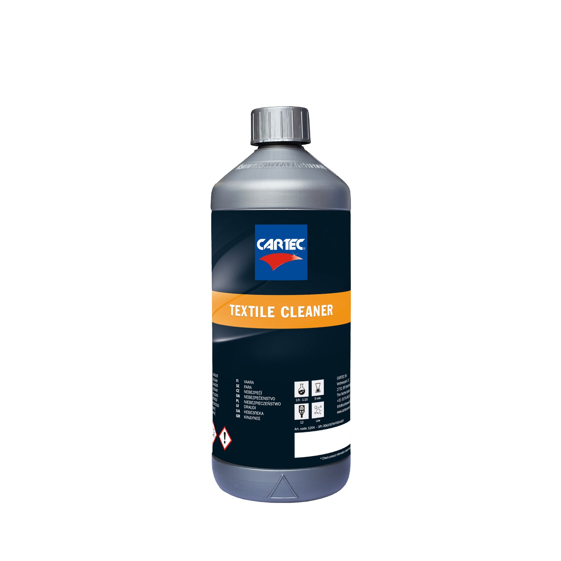 Bottiglia di CARTEC Textile Cleaner per la pulizia dei tessuti dell'auto, con etichetta arancione e tappo nero.
