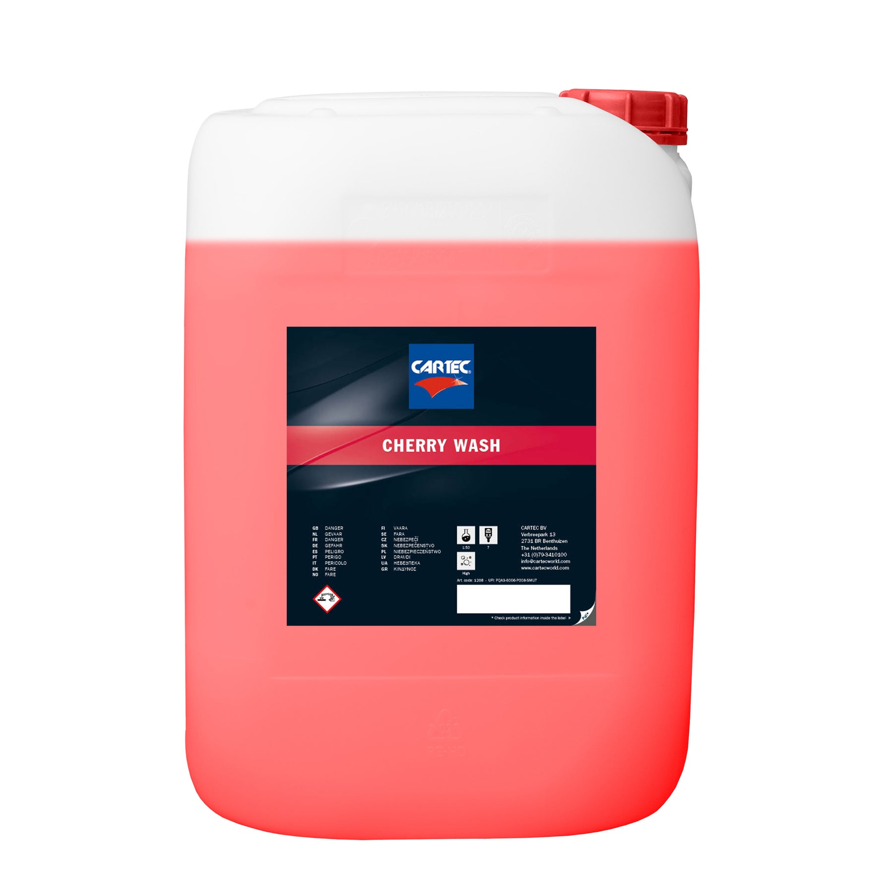 Tanica da 25 litri di CARTEC Cherry Wash Shampoo – detergente per auto con fragranza di ciliegia, progettato per offrire una pulizia profonda e una brillantezza duratura.
