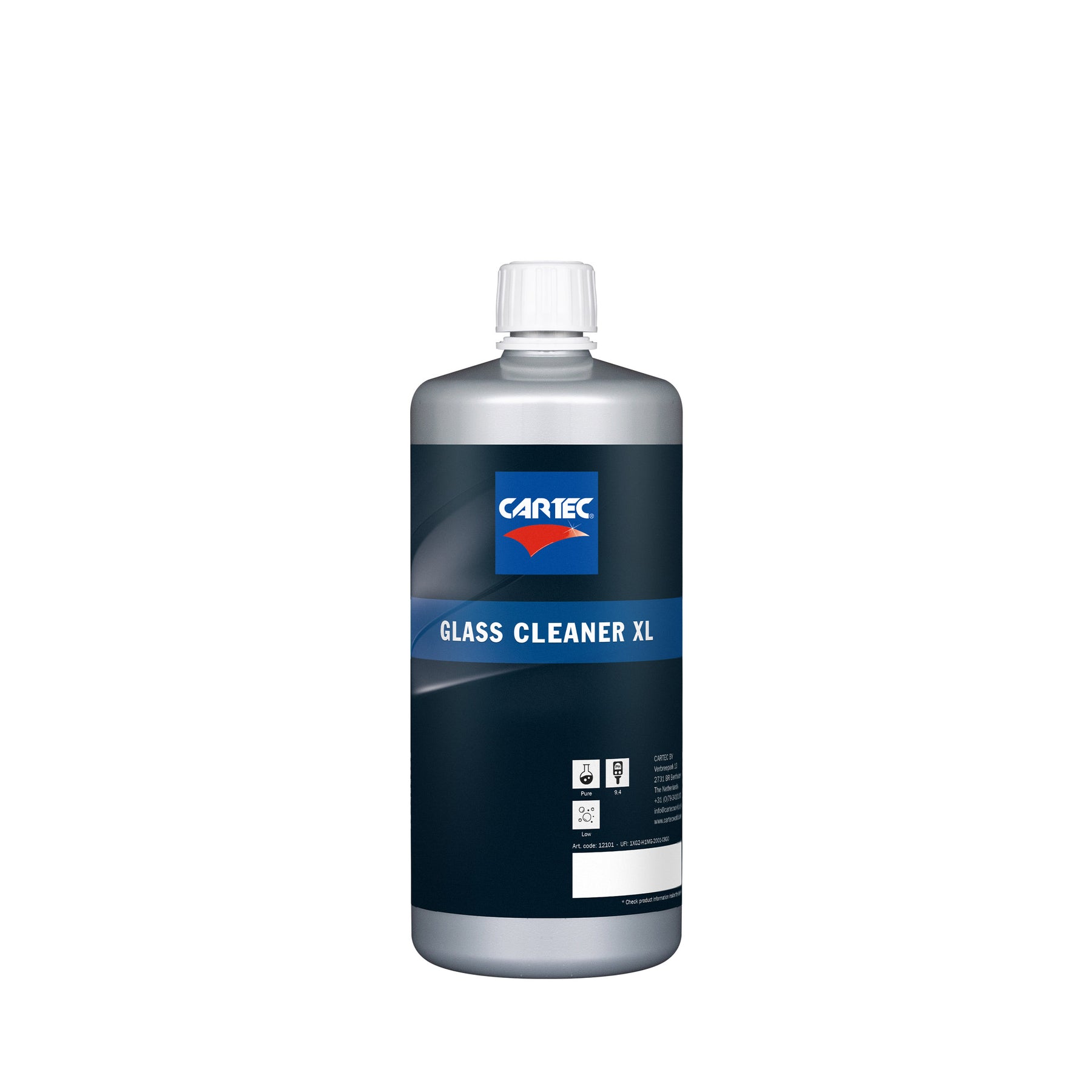 Bottiglia di detergente per vetri CARTEC Glass Cleaner XL con liquido blu e tappo blu.