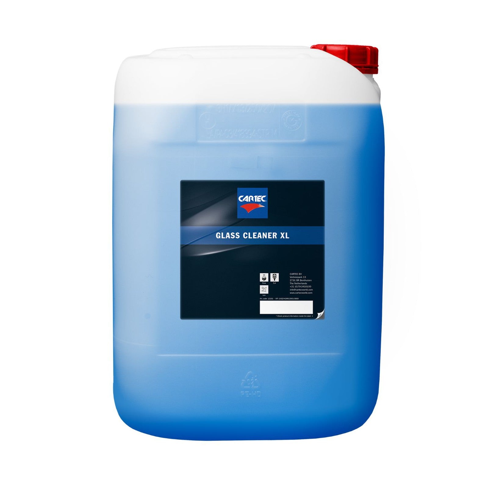 Tanica di detergente per vetri CARTEC Glass Cleaner XL con liquido blu e tappo blu.