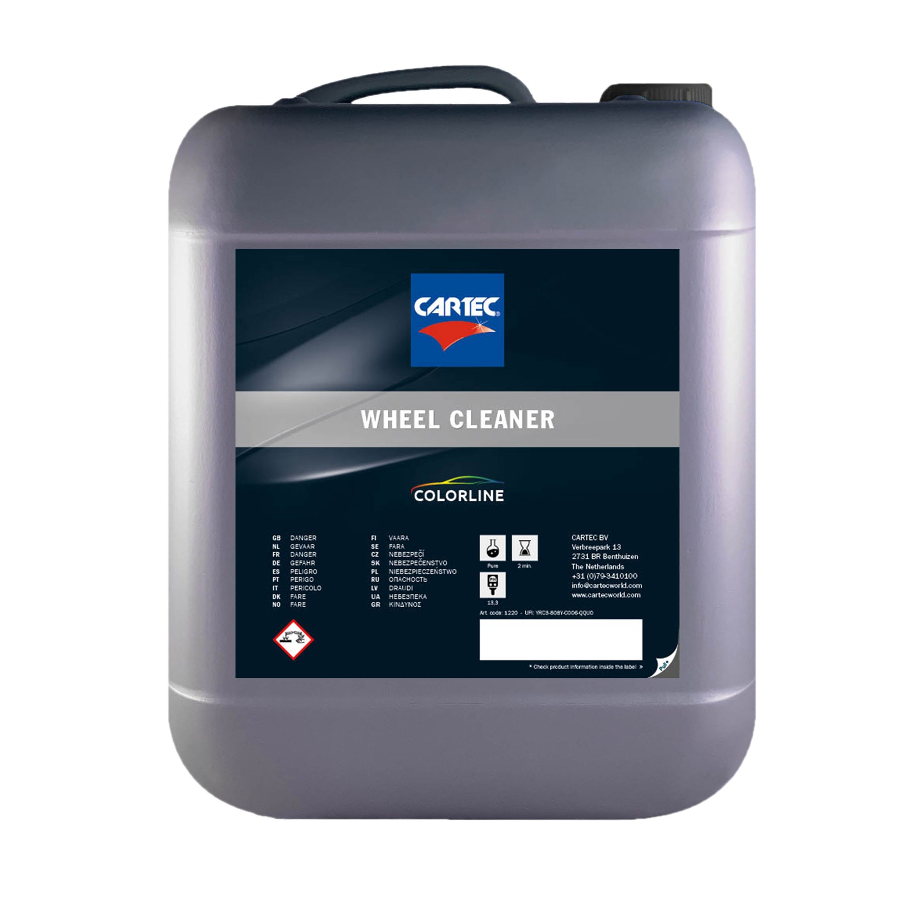 Tanica di CARTEC Wheel Cleaner Acid Free per la pulizia sicura ed efficace dei cerchi auto.