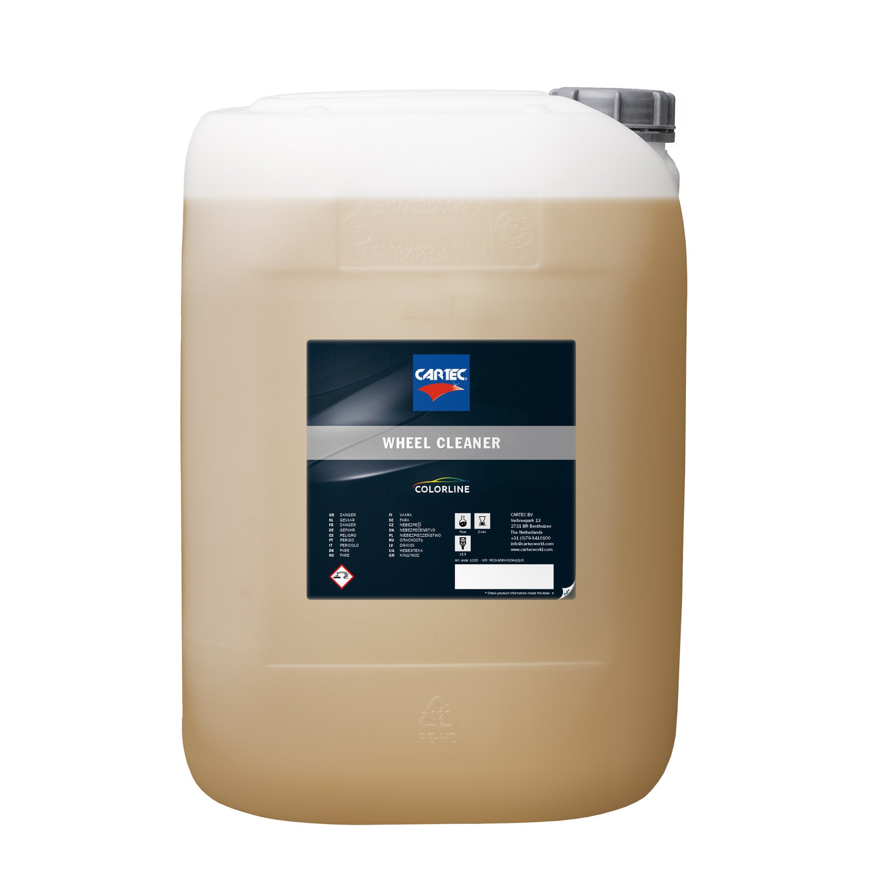 Tanica di CARTEC Wheel Cleaner Acid Free per la pulizia sicura ed efficace dei cerchi auto.