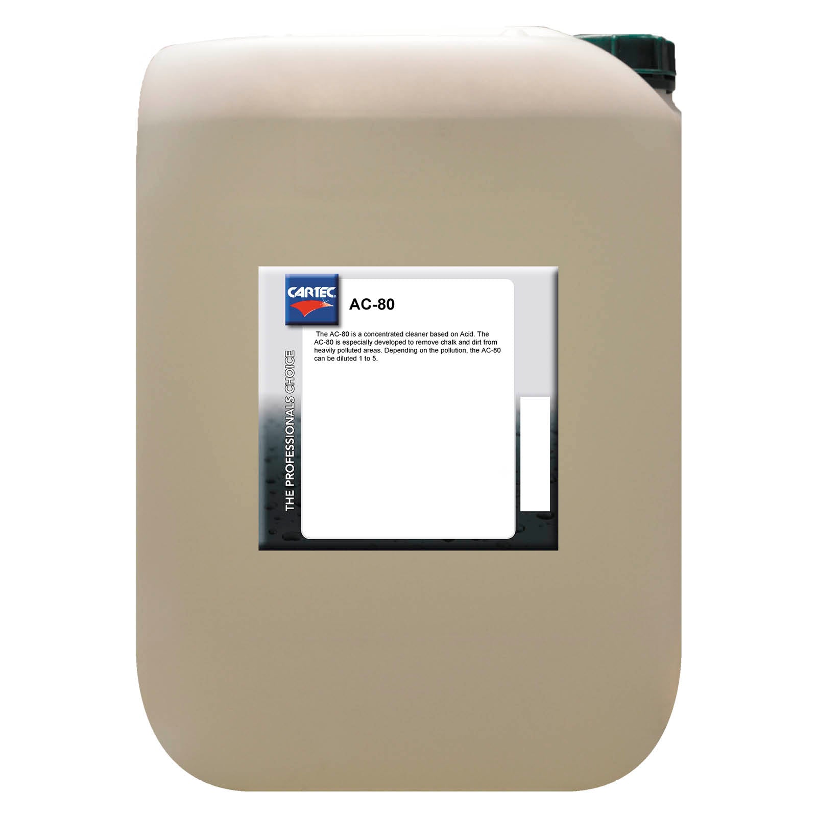 Tanica di Cartec AC80 Decalcificante, prodotto professionale per la rimozione di calcare e sporco ostinato dalle superfici.