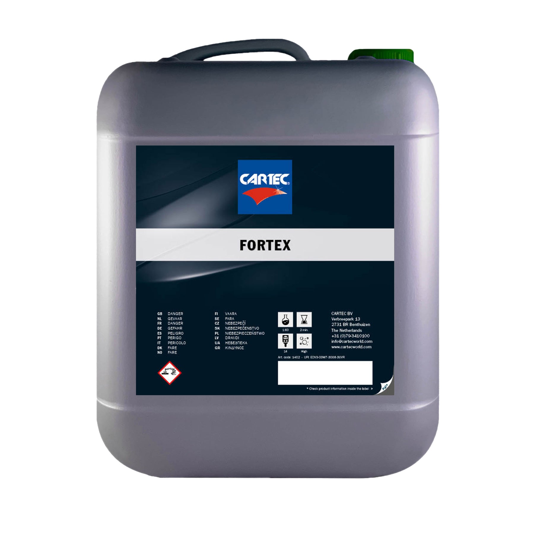tanica di detergente CARTEC Fortex per rimuovere sporco e grasso ostinato.