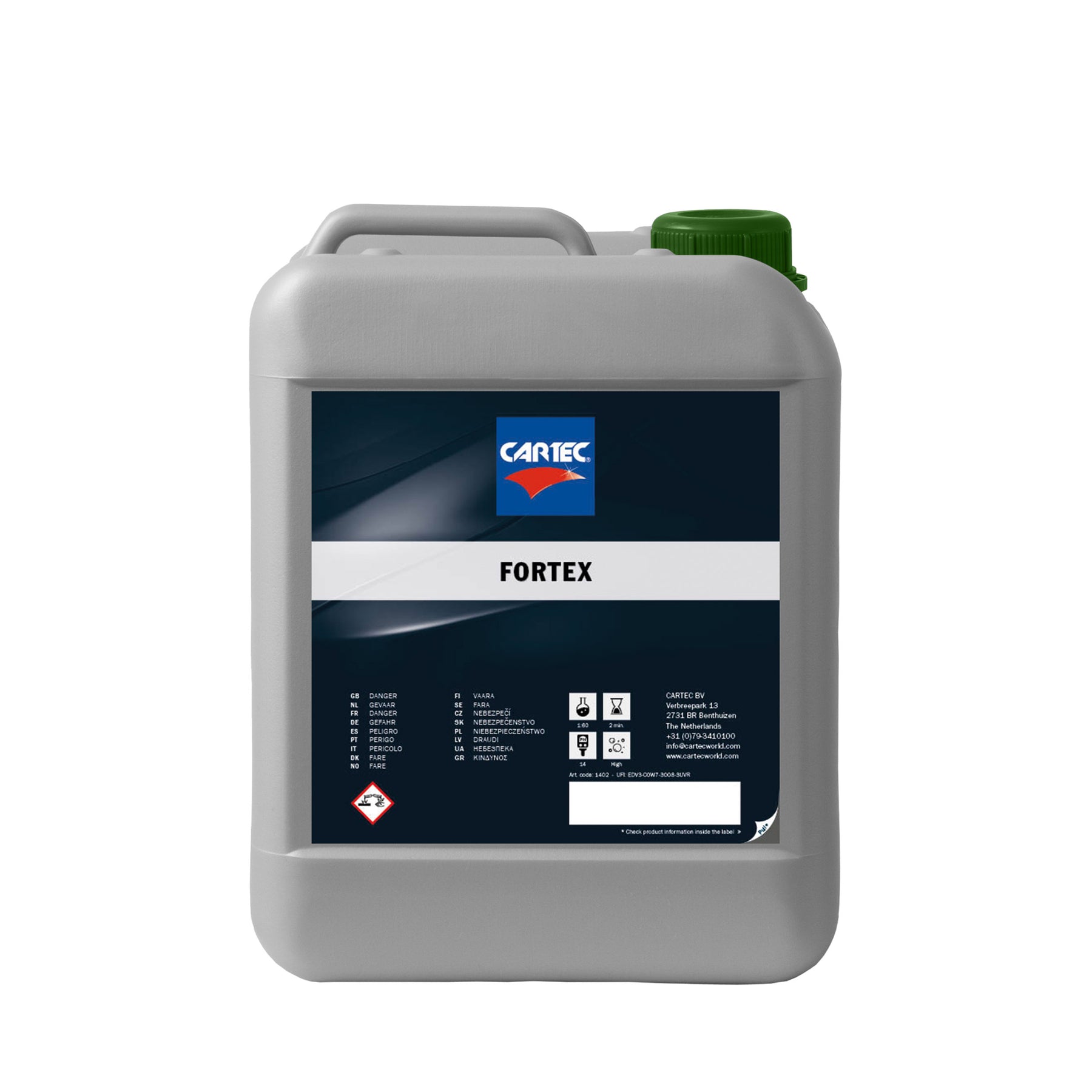 Tanica di detergente CARTEC Fortex per rimuovere sporco e grasso ostinato.