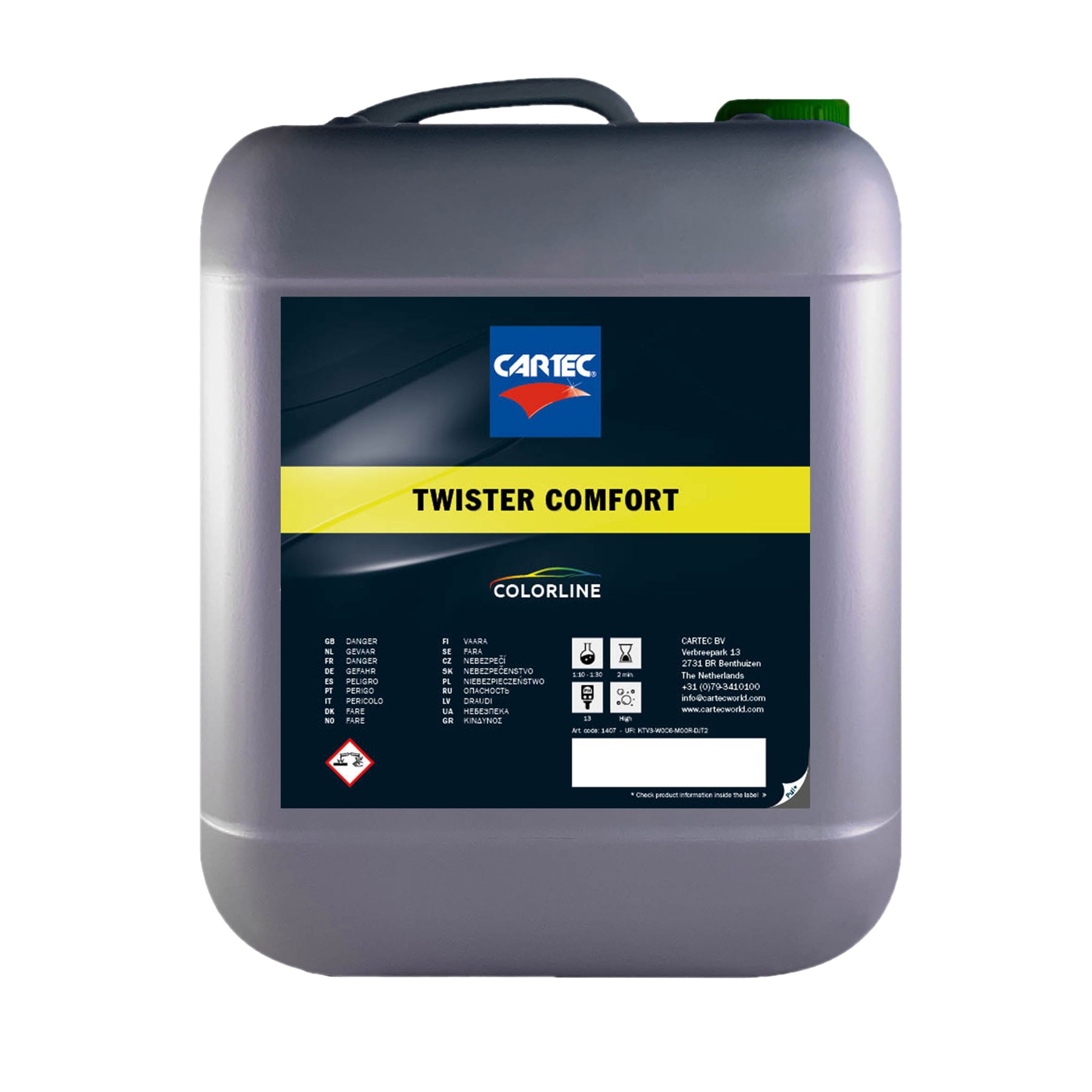 Tanica di CARTEC Twister Comfort, prelavaggio alcalino schiumogeno per una pulizia auto superiore.
