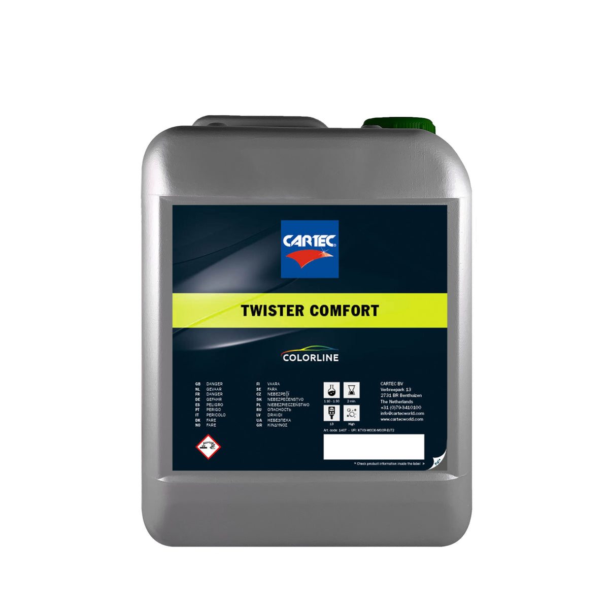 Tanica di CARTEC Twister Comfort, prelavaggio alcalino schiumogeno per una pulizia auto superiore.