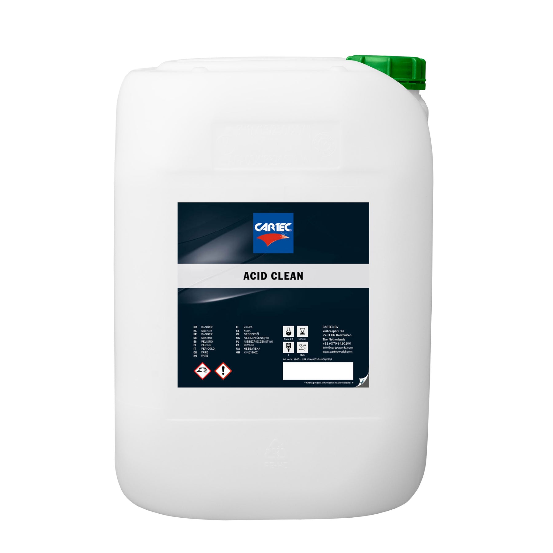 Tanica da 25 litri di CARTEC Acid Clean – potente detergente acido per la rimozione di contaminazioni e sporco ostinato dalle superfici dell'auto, ideale per una pulizia profonda.