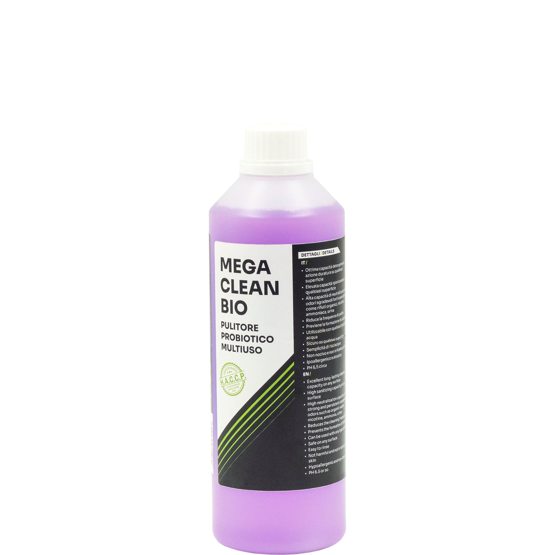 Bottiglia di Mega Clean Bio, pulitore probiotico multiuso, ideale per una pulizia ecologica ed efficace.