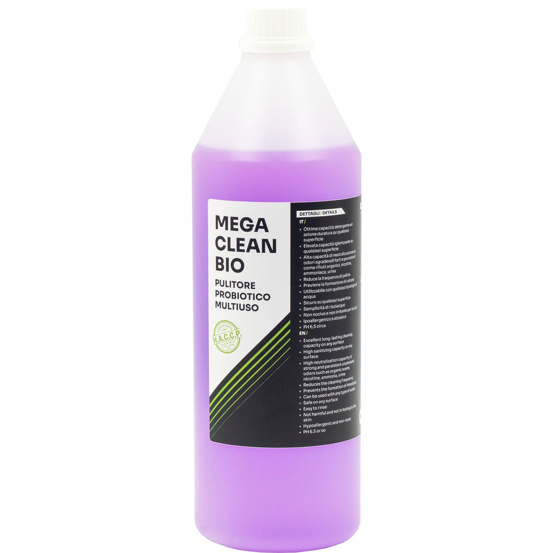 Bottiglia di Mega Clean Bio, pulitore probiotico multiuso, ideale per una pulizia ecologica ed efficace.