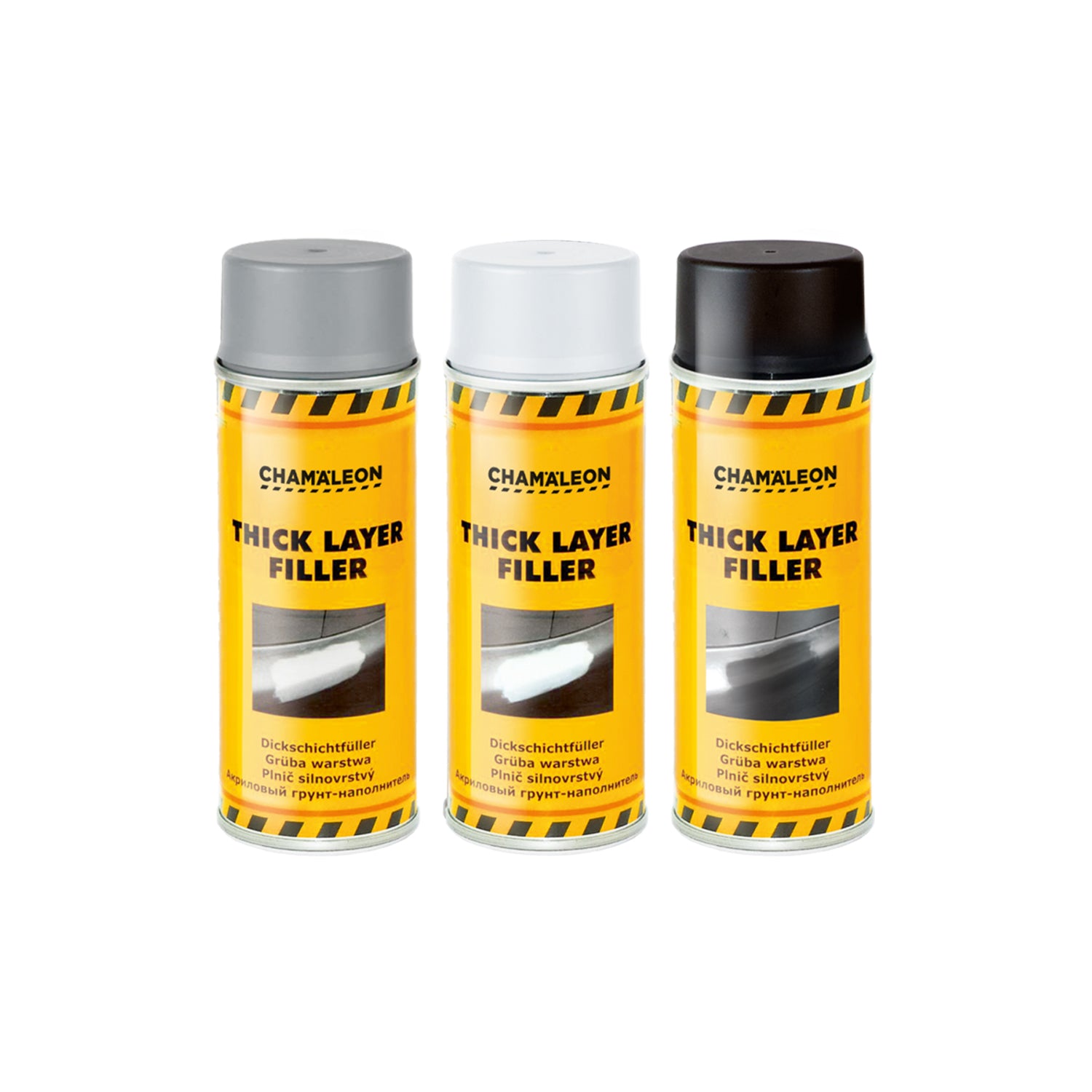 Chamaleon Aerosol Thick Layer Filler, riempitivo spray per strati spessi e base uniforme su diverse superfici.