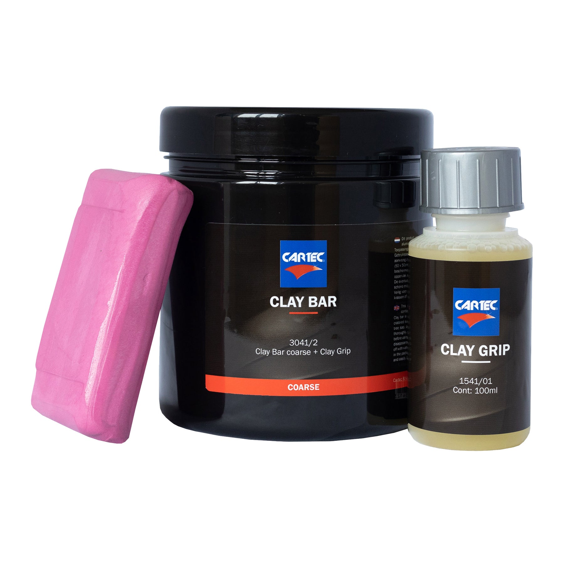 Kit CARTEC Clay Bar Rossa – include un barattolo di argilla grossa, un blocco di argilla rossa e una bottiglia di Clay Grip per una decontaminazione efficace delle superfici auto.