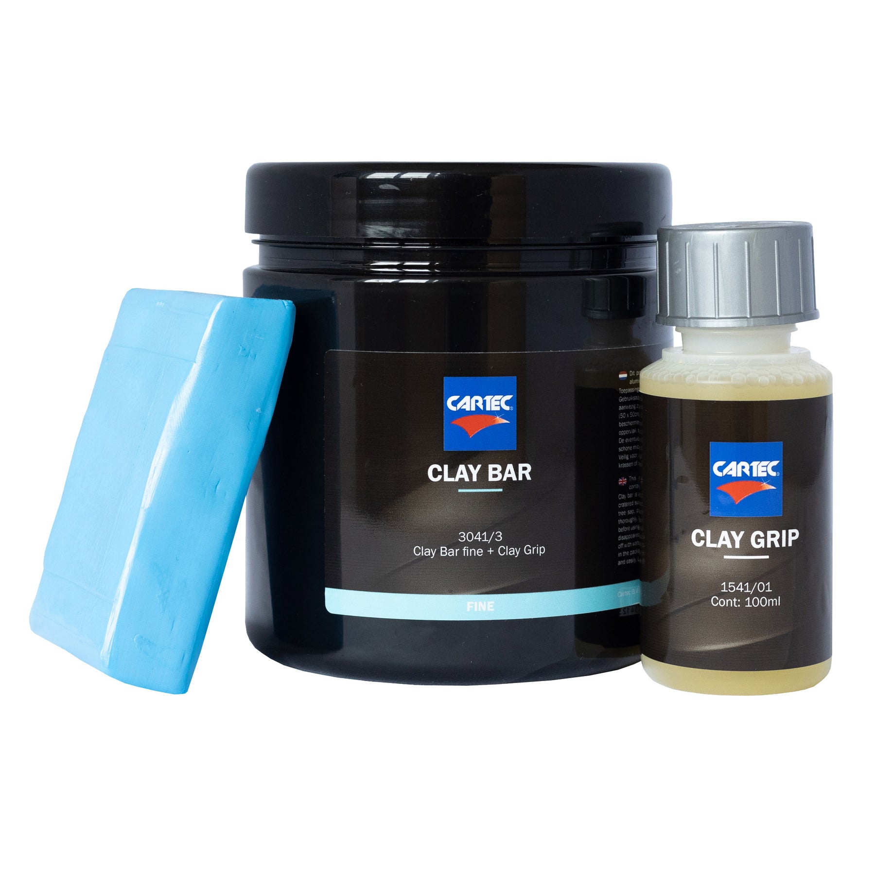 Kit CARTEC Clay Bar Blu – include una barra di argilla blu e una bottiglia di Clay Grip per una decontaminazione delicata delle superfici auto, garantendo una finitura liscia e pronta per la lucidatura.