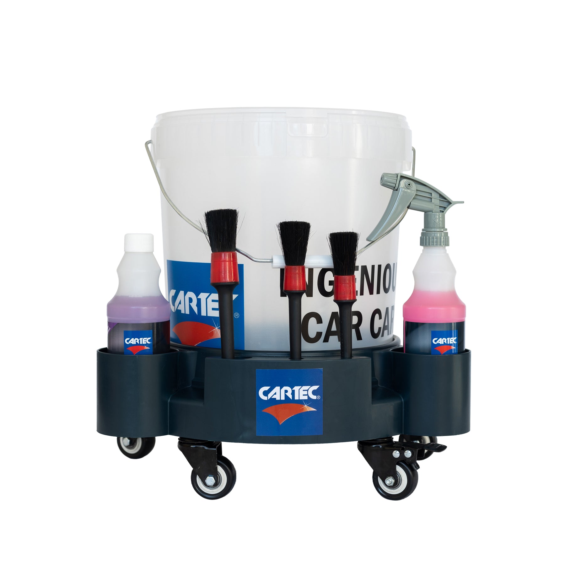 Secchio CARTEC Dolly Bucket con rotelle e accessori per il lavaggio dell'auto, ideale per detailers professionisti.