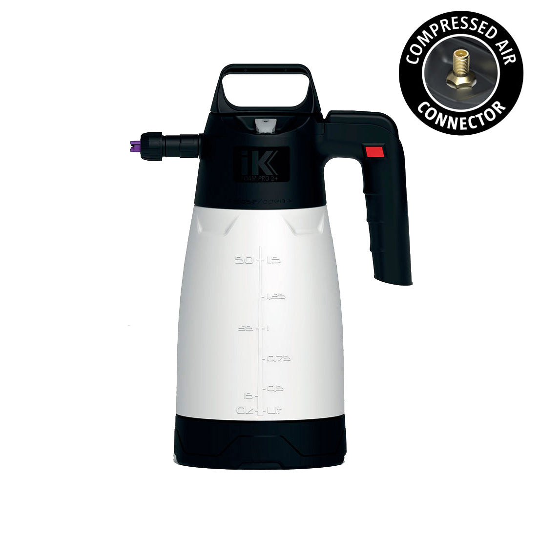 Nebulizzatore schiumogeno IK Sprayers con connettore per aria compressa, ideale per applicazioni di schiuma professionale.
