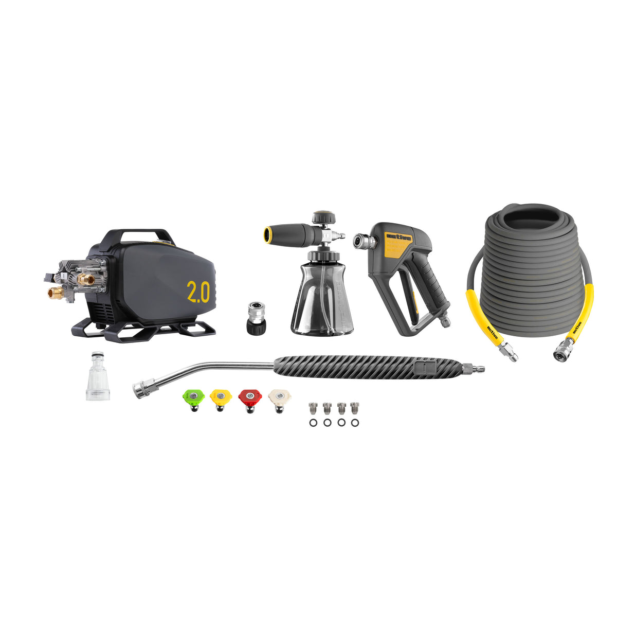 Kit completo ACTIVE Idropulitrice 2.0 con pompa a 5 pistoni, foam gun, pistola, tubo flessibile e lancia ad alta pressione
