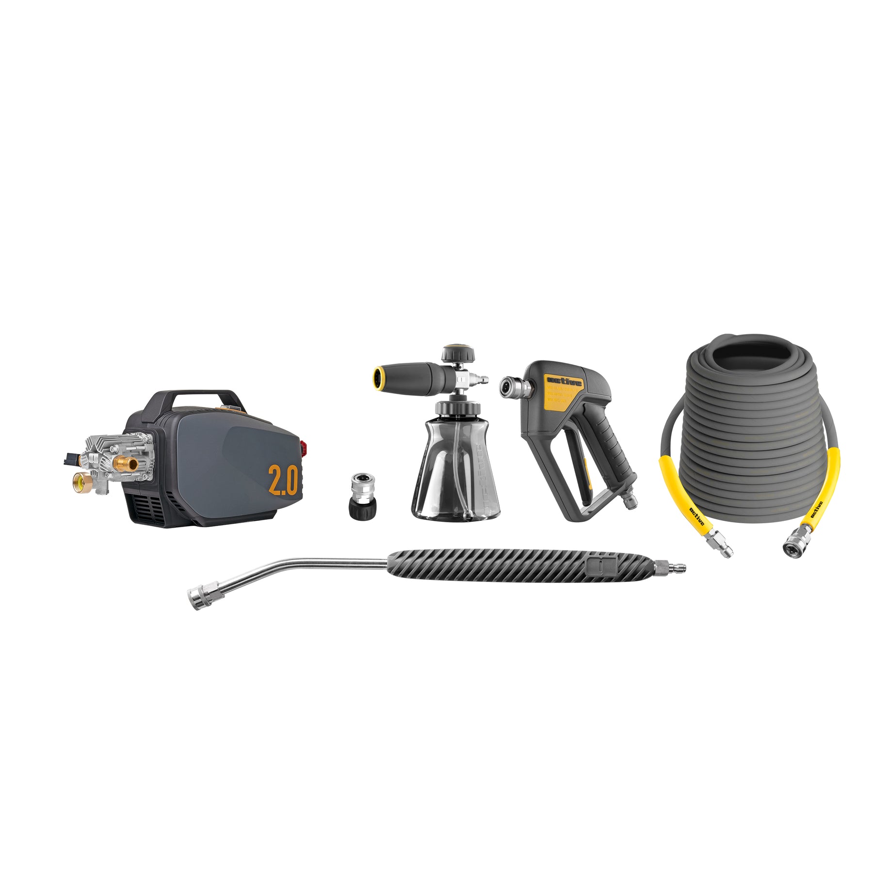 Kit completo ACTIVE Idropulitrice 2.0 con pompa a 5 pistoni, foam gun, pistola, tubo flessibile e lancia ad alta pressione
