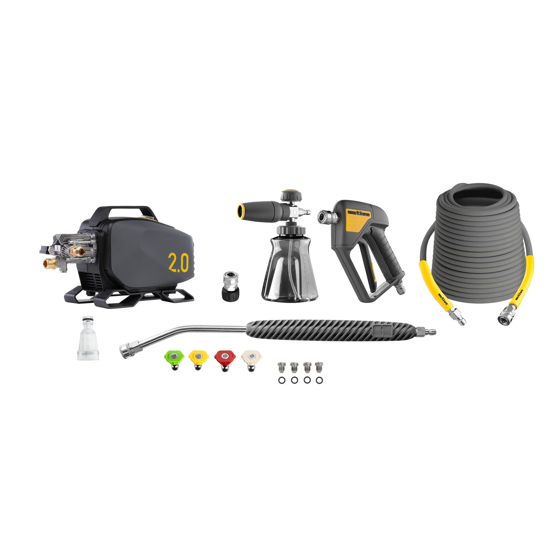 Kit completo ACTIVE Idropulitrice 2.0 con pompa a 5 pistoni, foam gun, pistola, tubo flessibile e lancia ad alta pressione