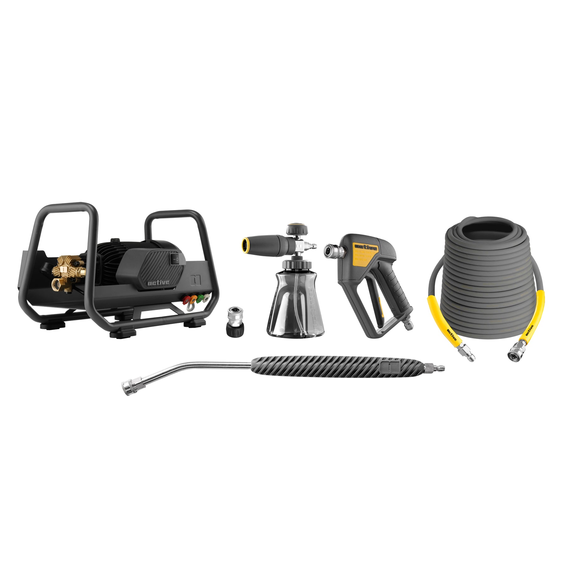 Kit completo ACTIVE Idropulitrice 2.3 con struttura rinforzata, pompa Pro a 5 pistoni, foam gun, pistola, tubo flessibile e lancia professionale