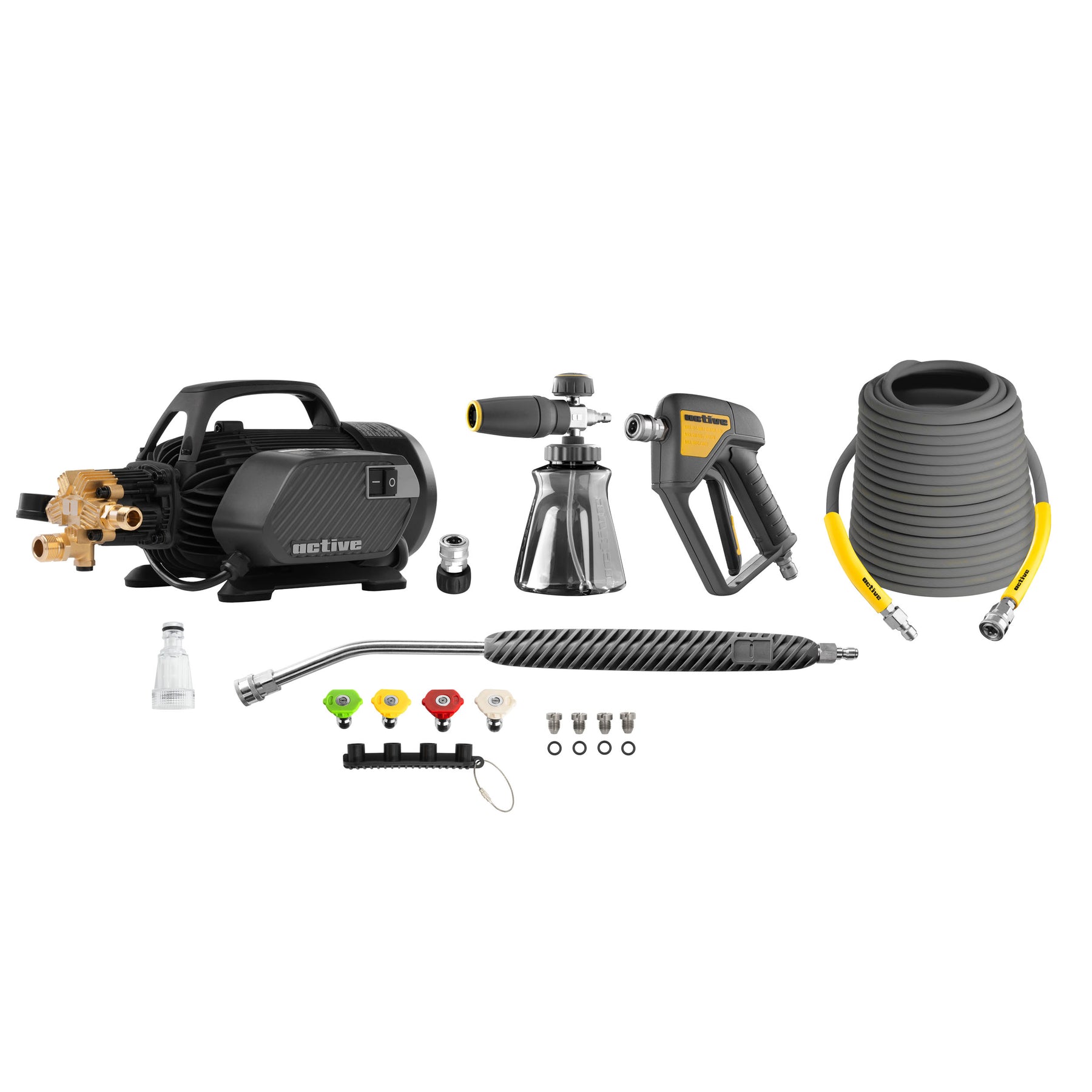 Kit completo ACTIVE Idropulitrice 2.3 con struttura rinforzata, pompa Pro a 5 pistoni, foam gun, pistola, tubo flessibile e lancia professionale