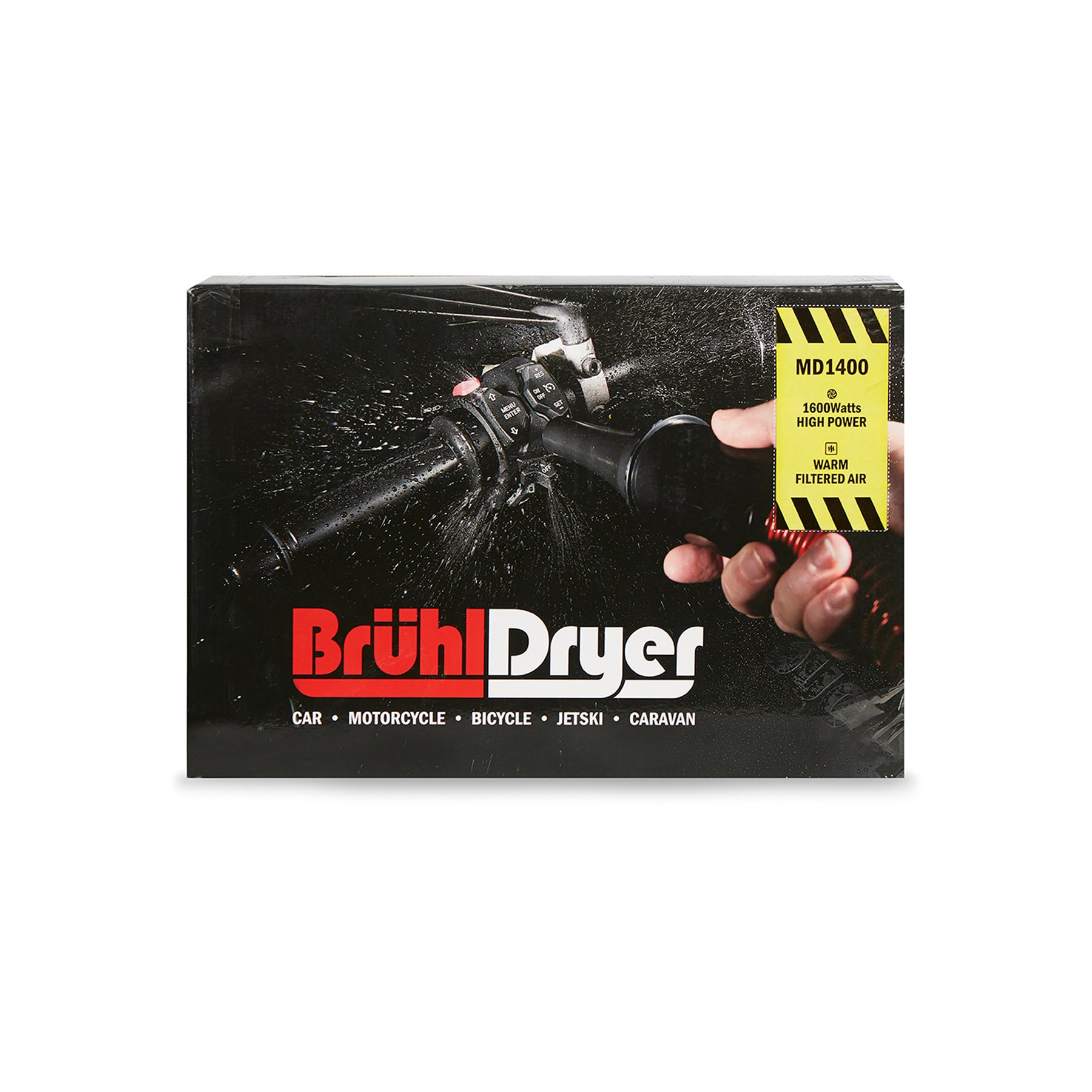 Imballaggio del Brühl Dryer MD1400 mostrante il dispositivo in azione su una moto, evidenziando le specifiche di 1600 watt e aria filtrata calda