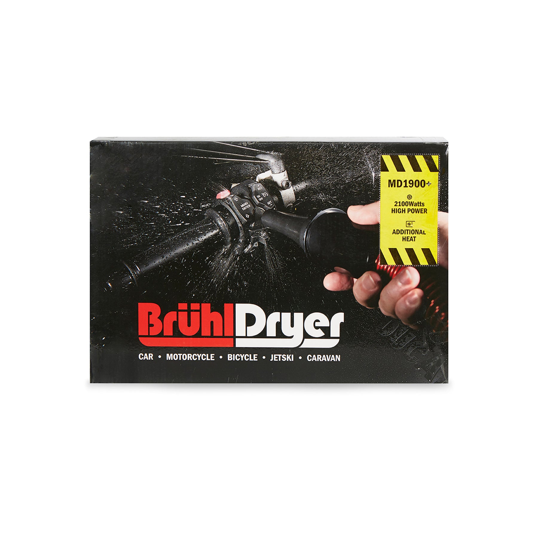 Confezione Brühl Dryer MD1900+ mostrante il dispositivo in uso, con dettagli di 2100 watt e riscaldamento aggiuntivo per diverse applicazioni veicolari