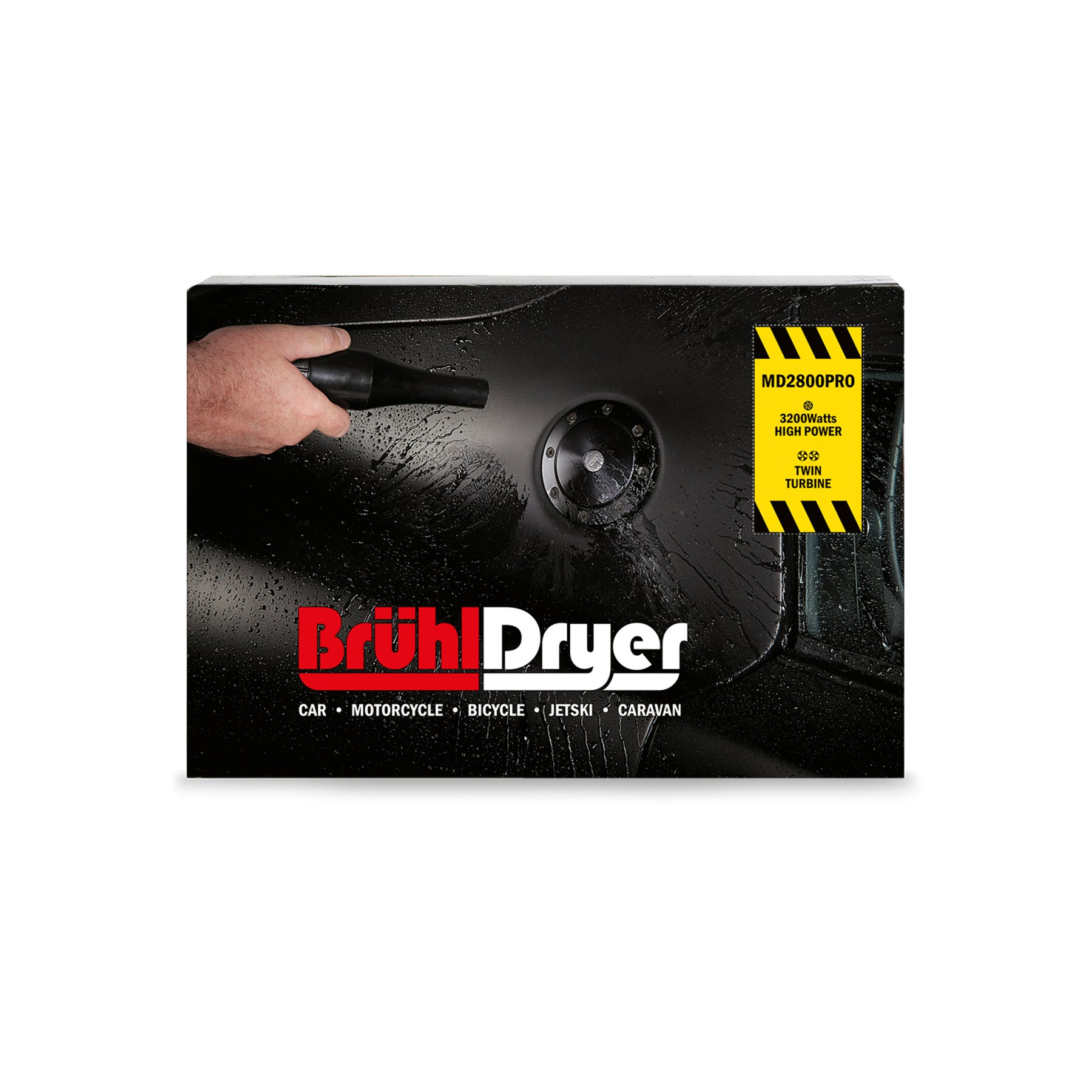 Packaging del Brühl Dryer MD2800 PRO mostrante il soffiatore in azione su un veicolo, con dettagli di 3200 watt e doppia turbina.