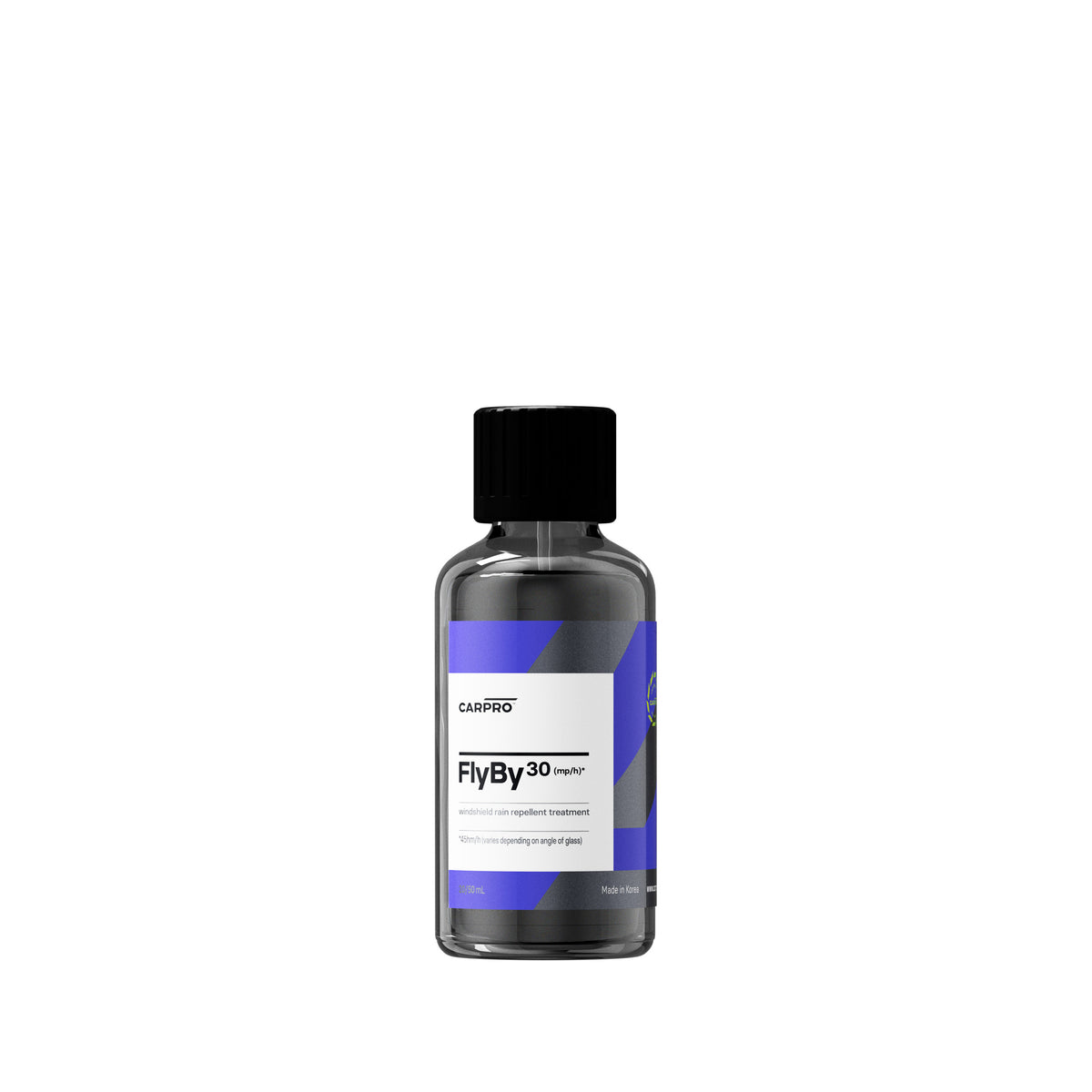 lacone del CARPRO FlyBy30, un trattamento per i vetri dell'auto. La bottiglia è di colore grigio con un'etichetta blu e grigia che riporta il nome del prodotto e le specifiche, incluso il trattamento repellente per l'acqua.