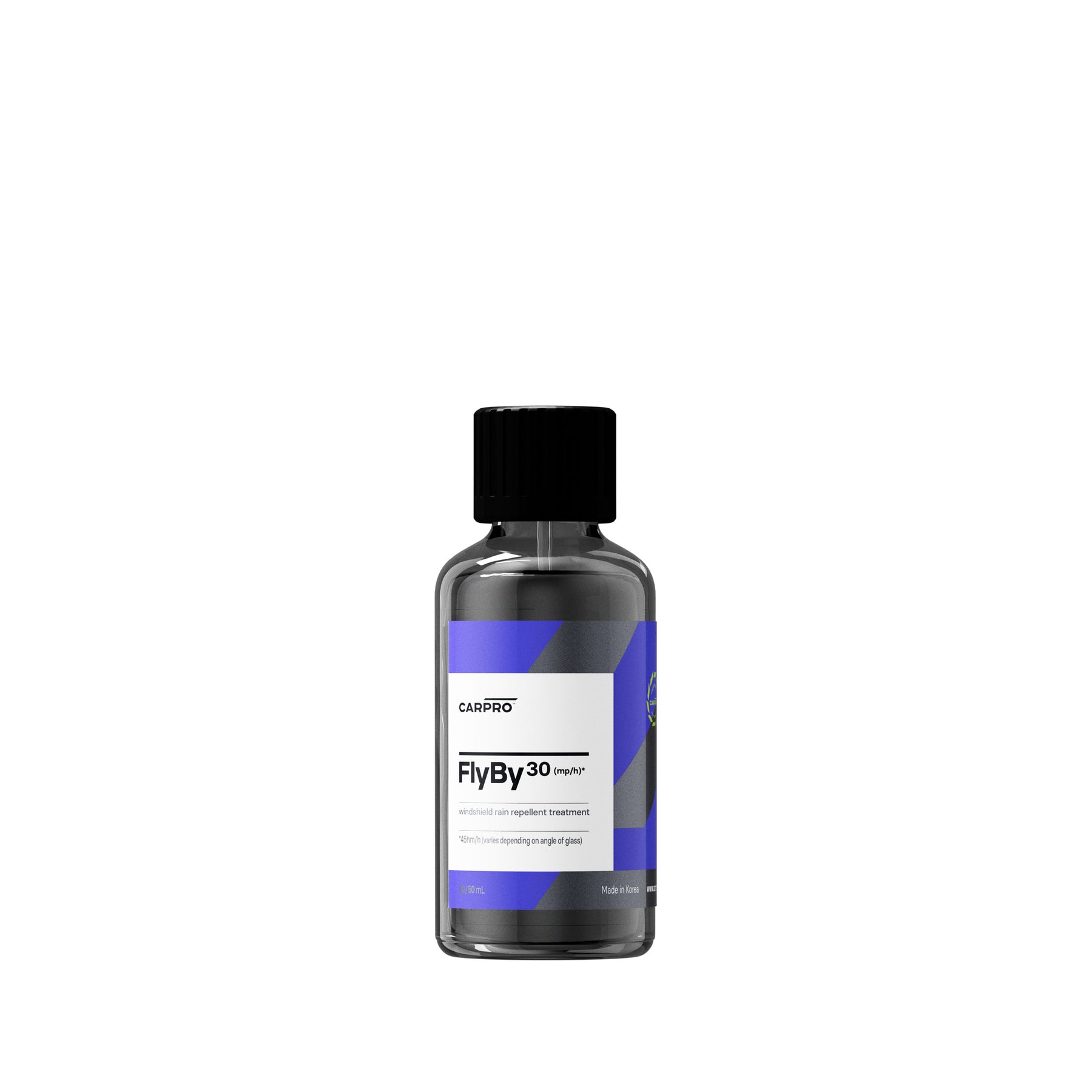 lacone del CARPRO FlyBy30, un trattamento per i vetri dell'auto. La bottiglia è di colore grigio con un'etichetta blu e grigia che riporta il nome del prodotto e le specifiche, incluso il trattamento repellente per l'acqua.