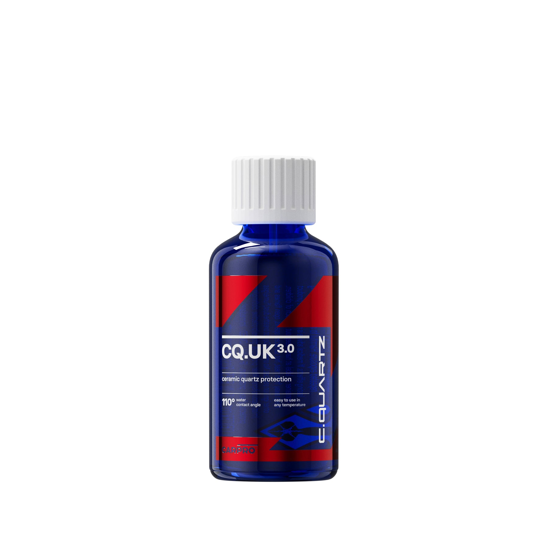 Flacone di CARPRO C.QUARTZ UK 3.0, un rivestimento ceramico avanzato con protezione al quarzo per una finitura idrofobica e duratura, facile da applicare a qualsiasi temperatura.