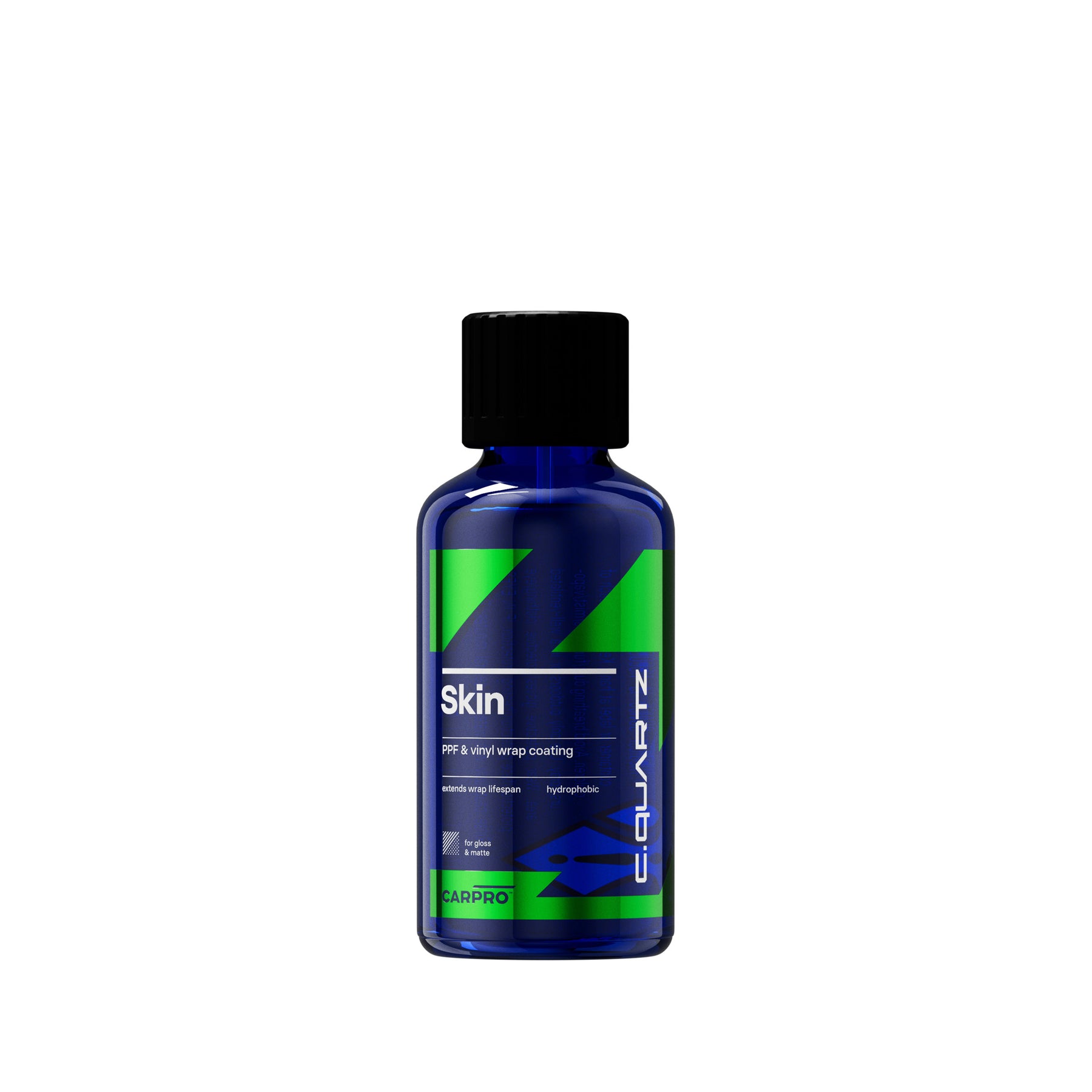 Flacone di CARPRO C.QUARTZ SKIN, un rivestimento ceramico avanzato progettato per proteggere PPF e wrapping vinilico, offrendo proprietà idrofobiche e una durata eccezionale.