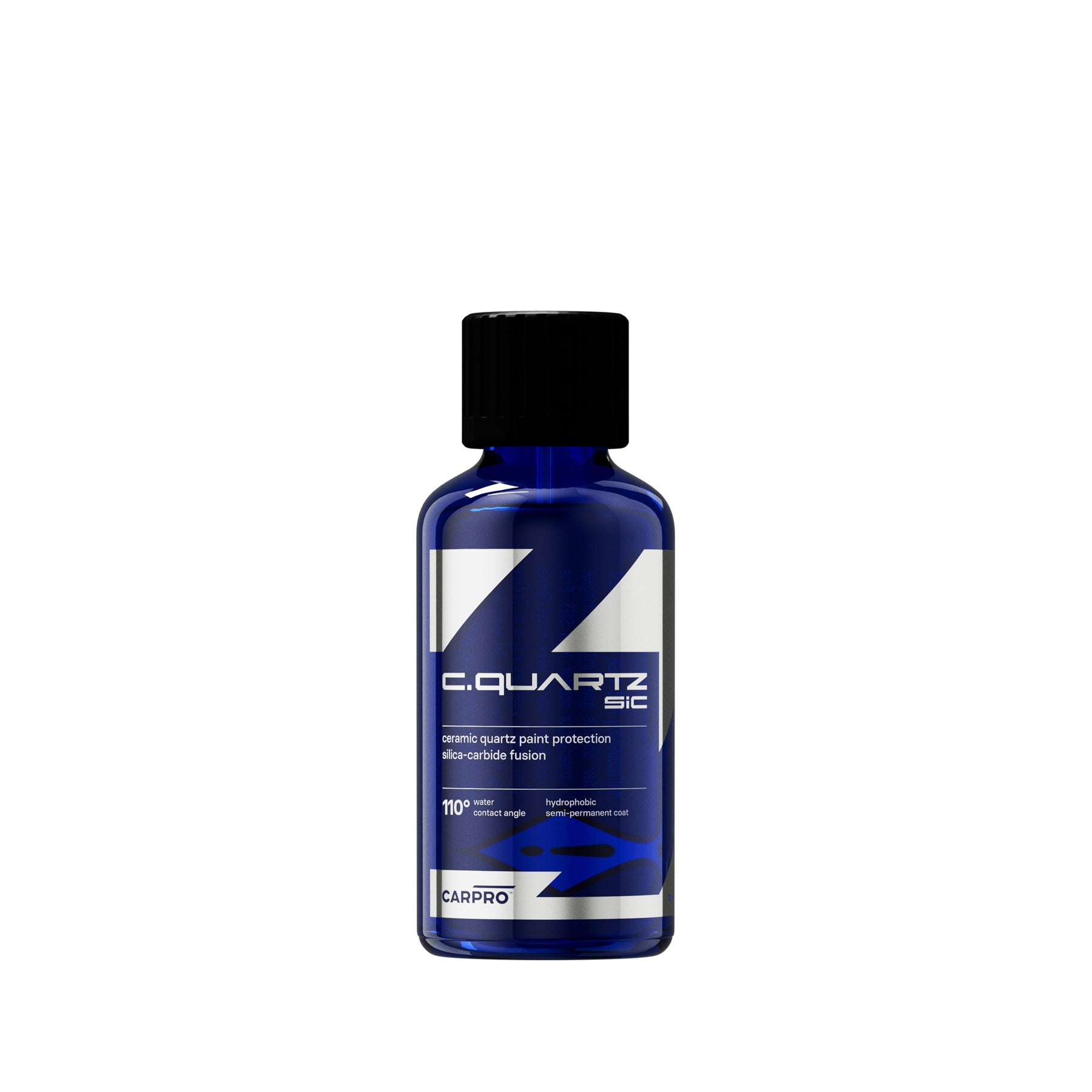 Flacone di CARPRO C.QUARTZ SiC, un rivestimento ceramico avanzato per la protezione della vernice dell'auto, con tecnologia a fusione di carburo di silicio e un angolo di contatto di 110 gradi per proprietà idrofobiche superiori.