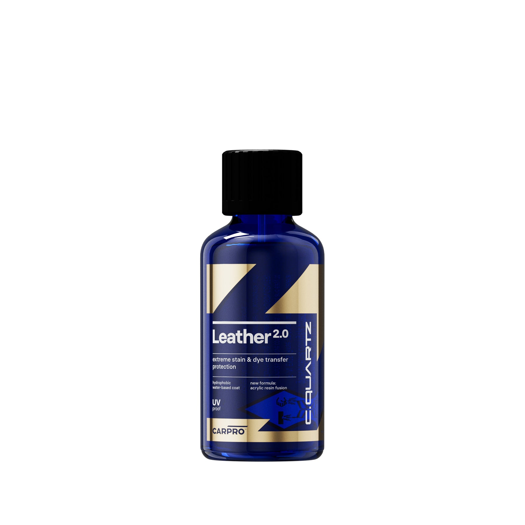 Flacone di CARPRO C.QUARTZ Leather Coat 2.0, un rivestimento avanzato per la protezione e il rinnovo della pelle degli interni auto, con protezione contro macchie e trasferimenti di colore.
