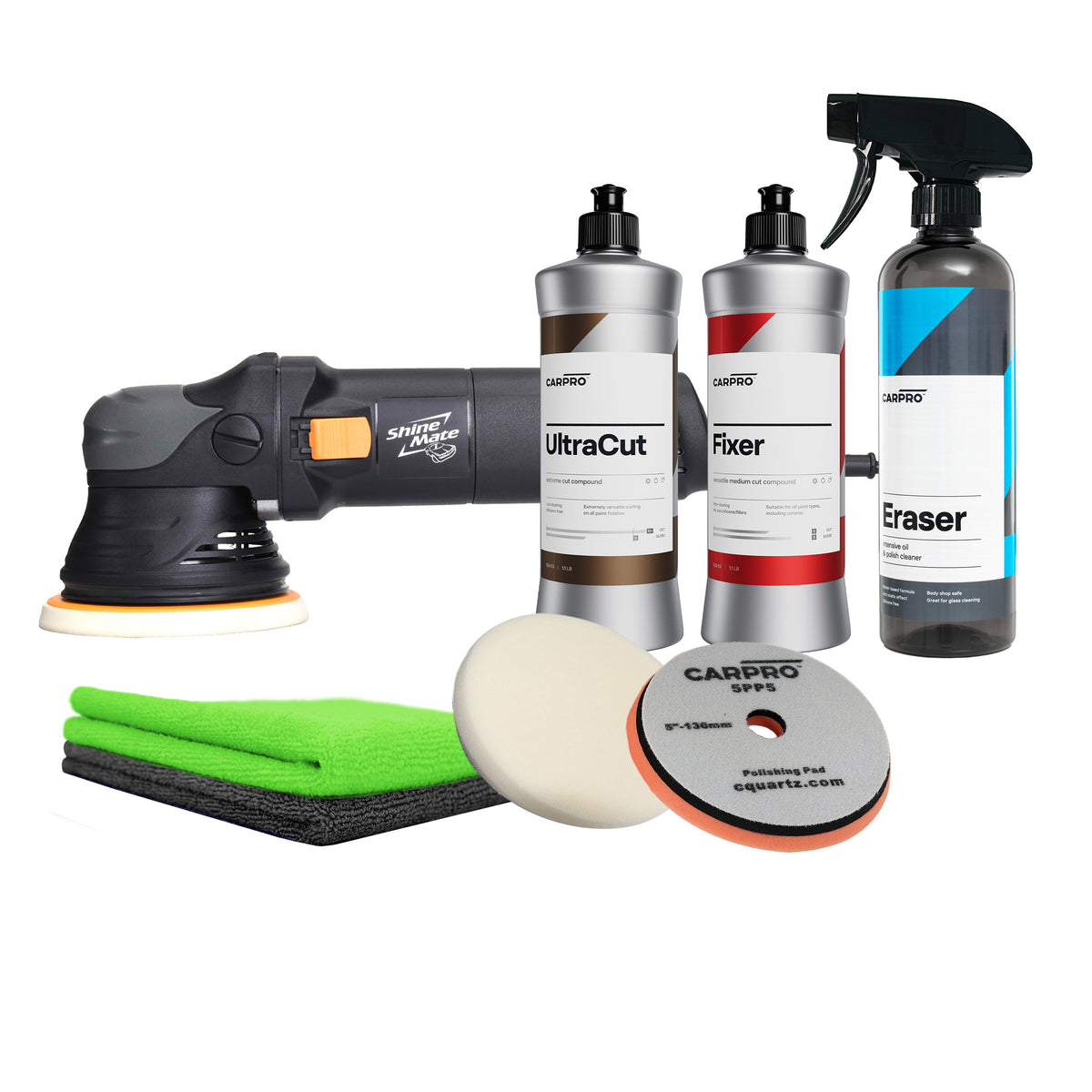Kit lucidatura CARPRO EX605 con lucidatrice rotorbitale, UltraCut, Fixer, Eraser e panni in microfibra per una finitura professionale