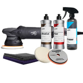 Kit lucidatura auto con lucidatrice rotorbitale, tamponi, prodotti UltraCut, Fixer, Eraser e panni in microfibra.