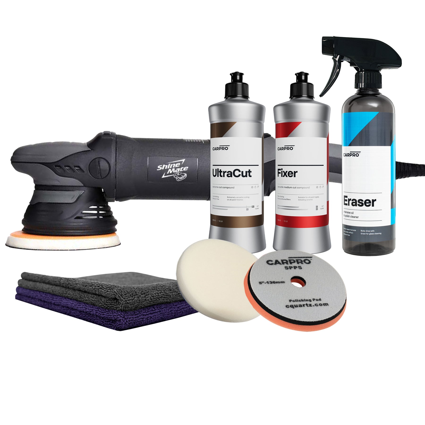 Kit lucidatura auto con lucidatrice rotorbitale, tamponi, prodotti UltraCut, Fixer, Eraser e panni in microfibra.