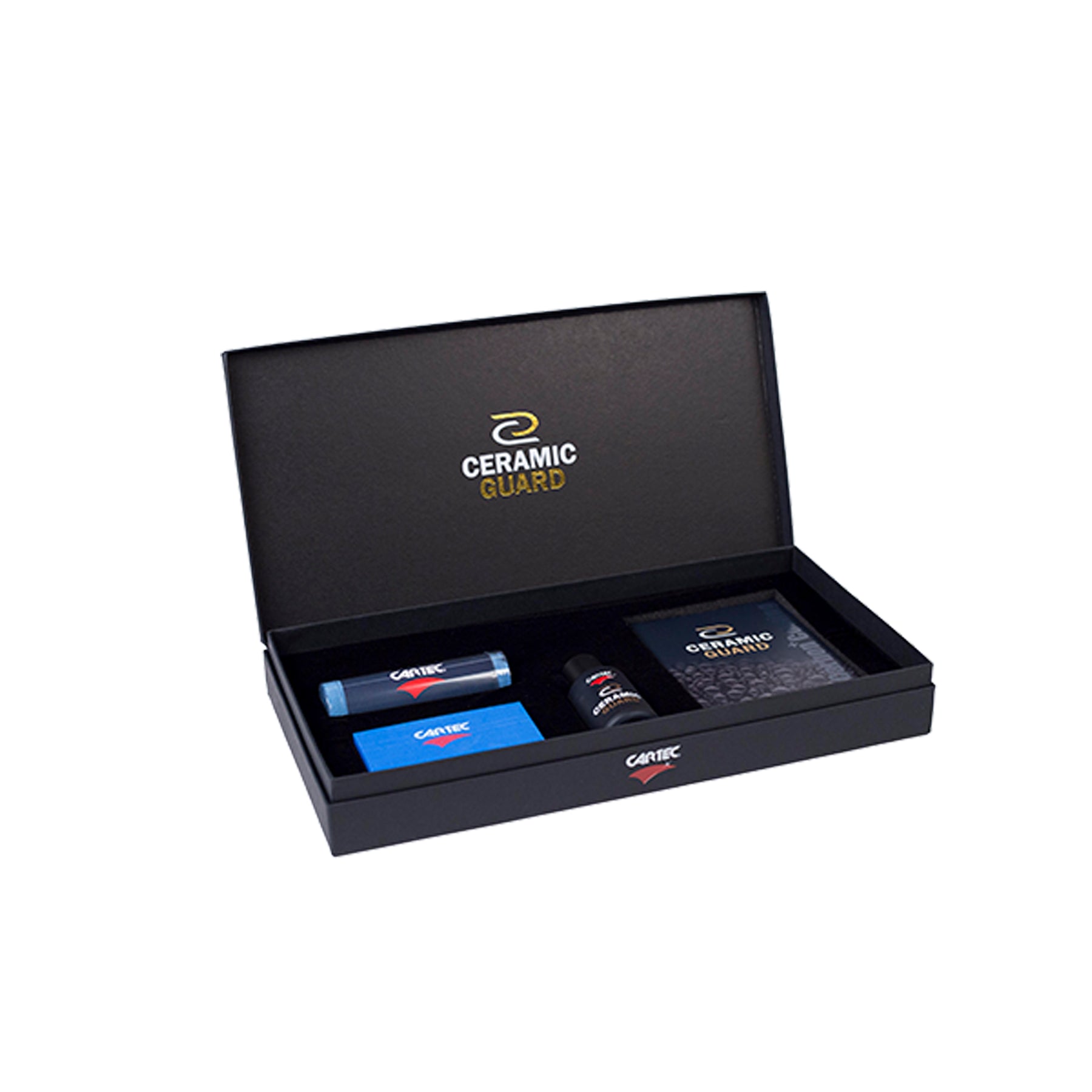 Set CARTEC Ceramic Guard Coating SiCarbon+ – confezione elegante contenente tutti gli accessori necessari per un'applicazione professionale del rivestimento ceramico sull'auto.