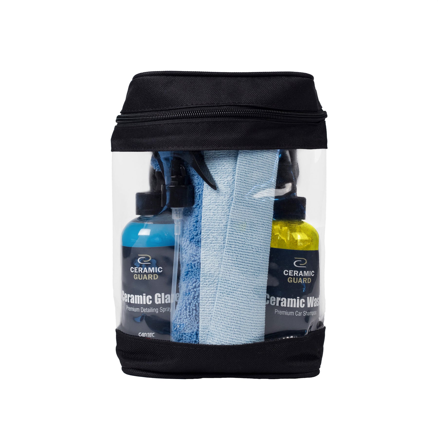 Kit Mantenimento Ceramic Guard CARTEC – confezione trasparente contenente Ceramic Glaze, Ceramic Wash e accessori per una cura completa dell'auto.