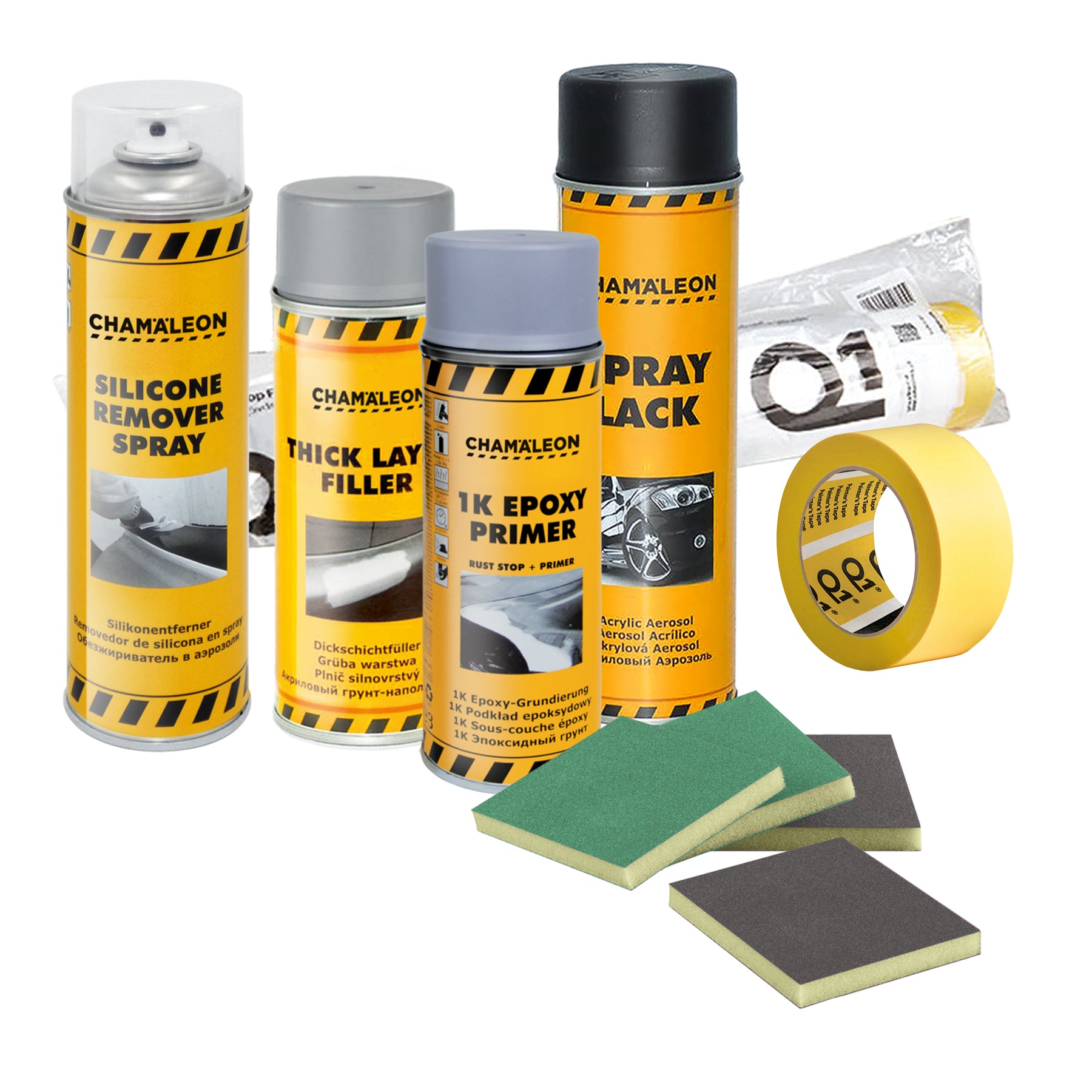 Kit verniciatura cerchi auto CHAMALEON con antisilicone, primer, filler, vernice, nastro e spugnette per finitura professionale completa