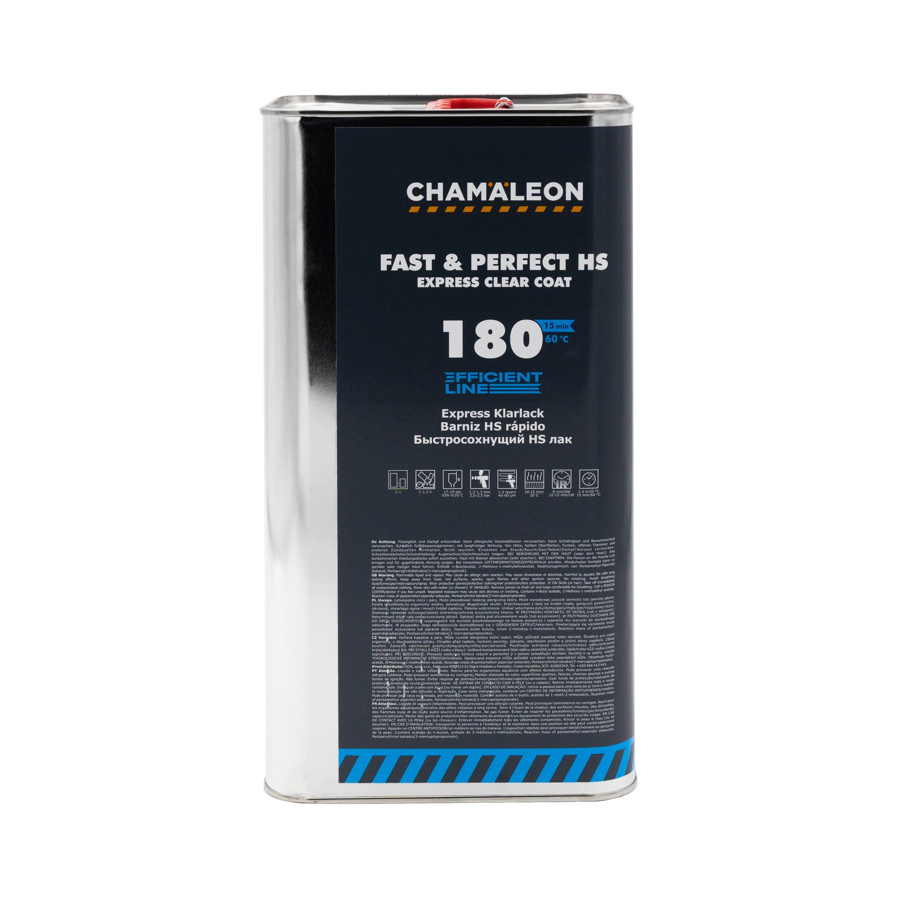 Chamaleon HS 2K Fast & Perfect Express Clear Coat, vernice trasparente a rapida essiccazione per finitura lucida su superfici verniciate.