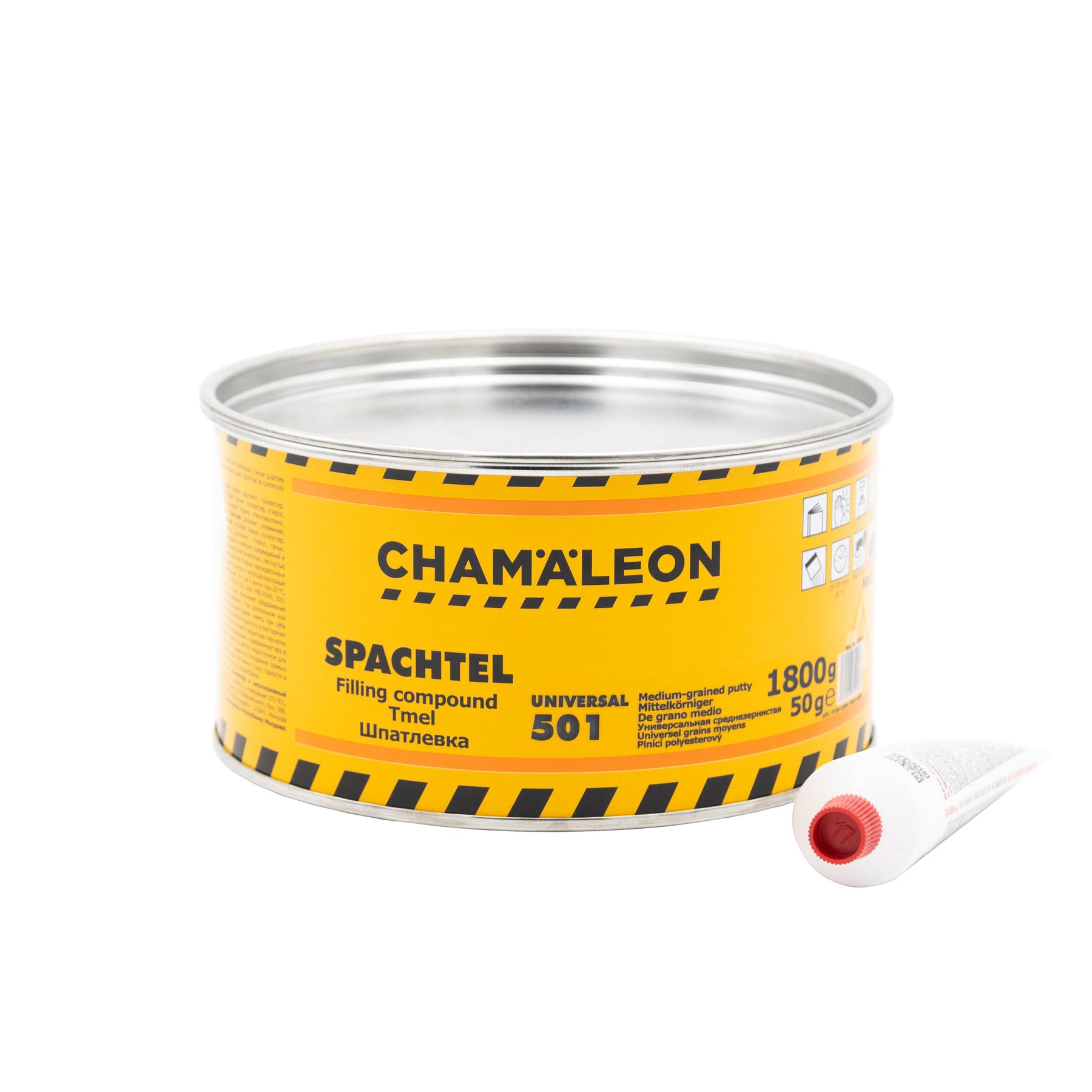 Barattolo di Chamaleon Universal Medium Grained Putty per una stuccatura versatile e di alta qualità.