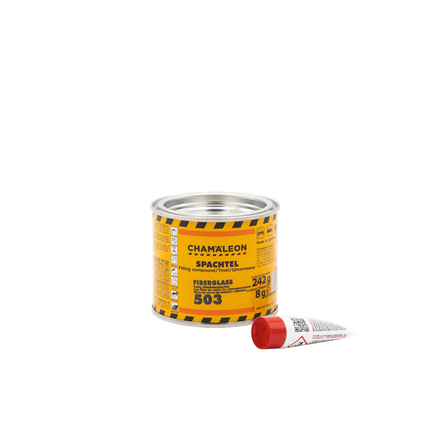 Chamaleon Fiber Glass Putty, stucco in vetroresina per riparazioni durevoli su superfici metalliche e plastiche.