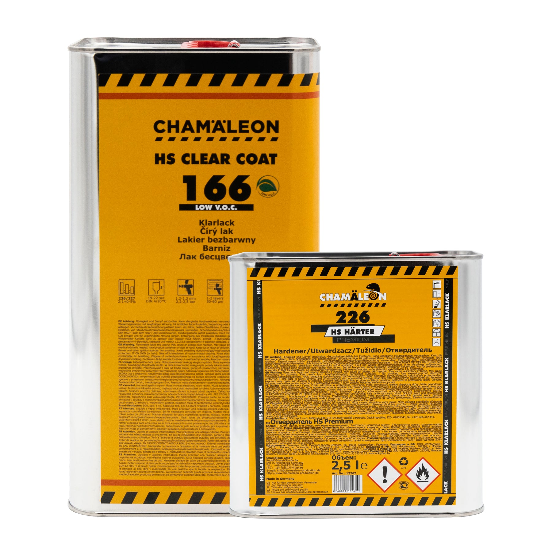 Chamaleon HS 2K Clear Coat Low VOC 166 con catalizzatore, vernice trasparente a basso contenuto di VOC per finitura lucida su superfici verniciate.